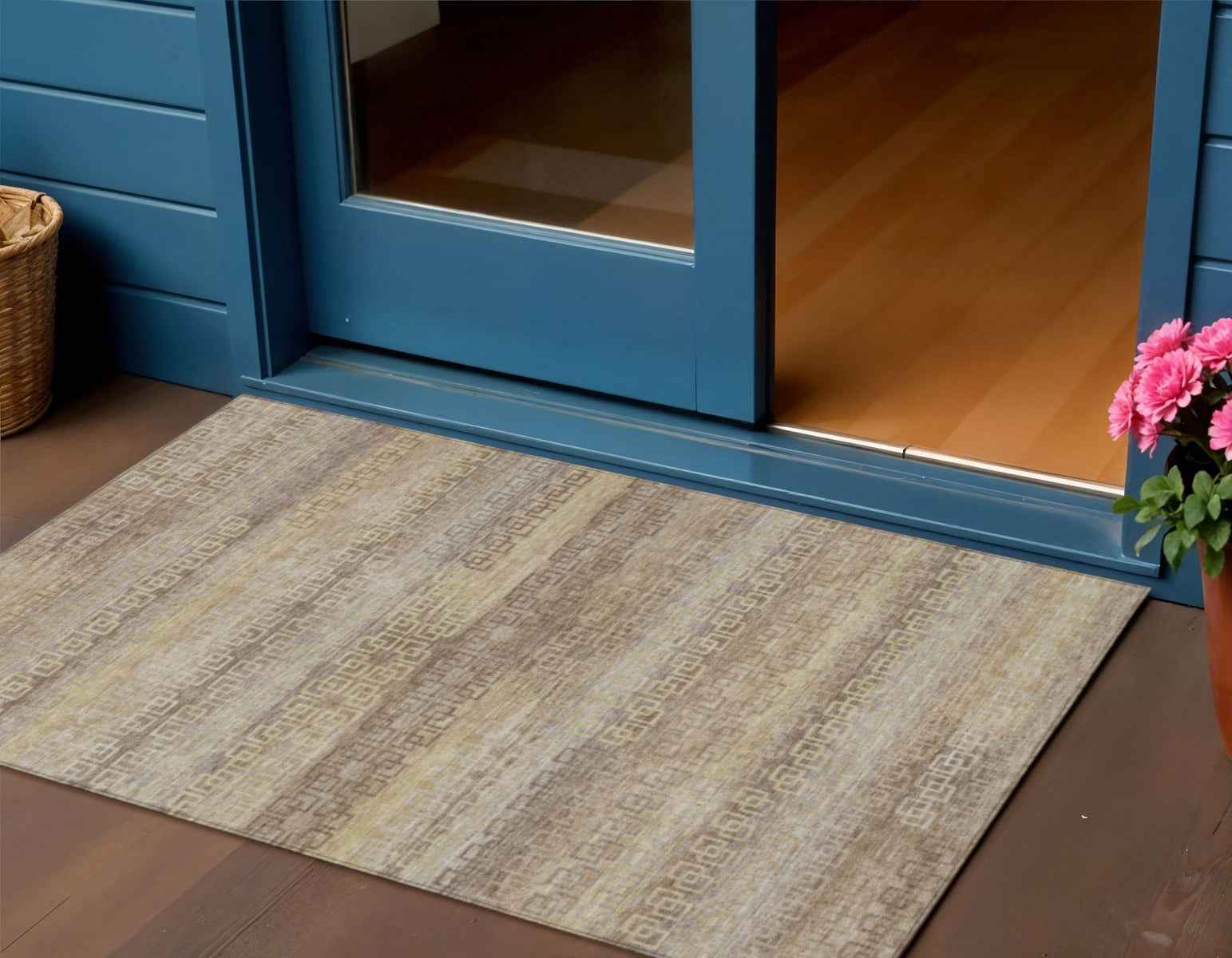 3' X 5' Beige And Wheat Striped Washable Indoor Outdoor Area Rug