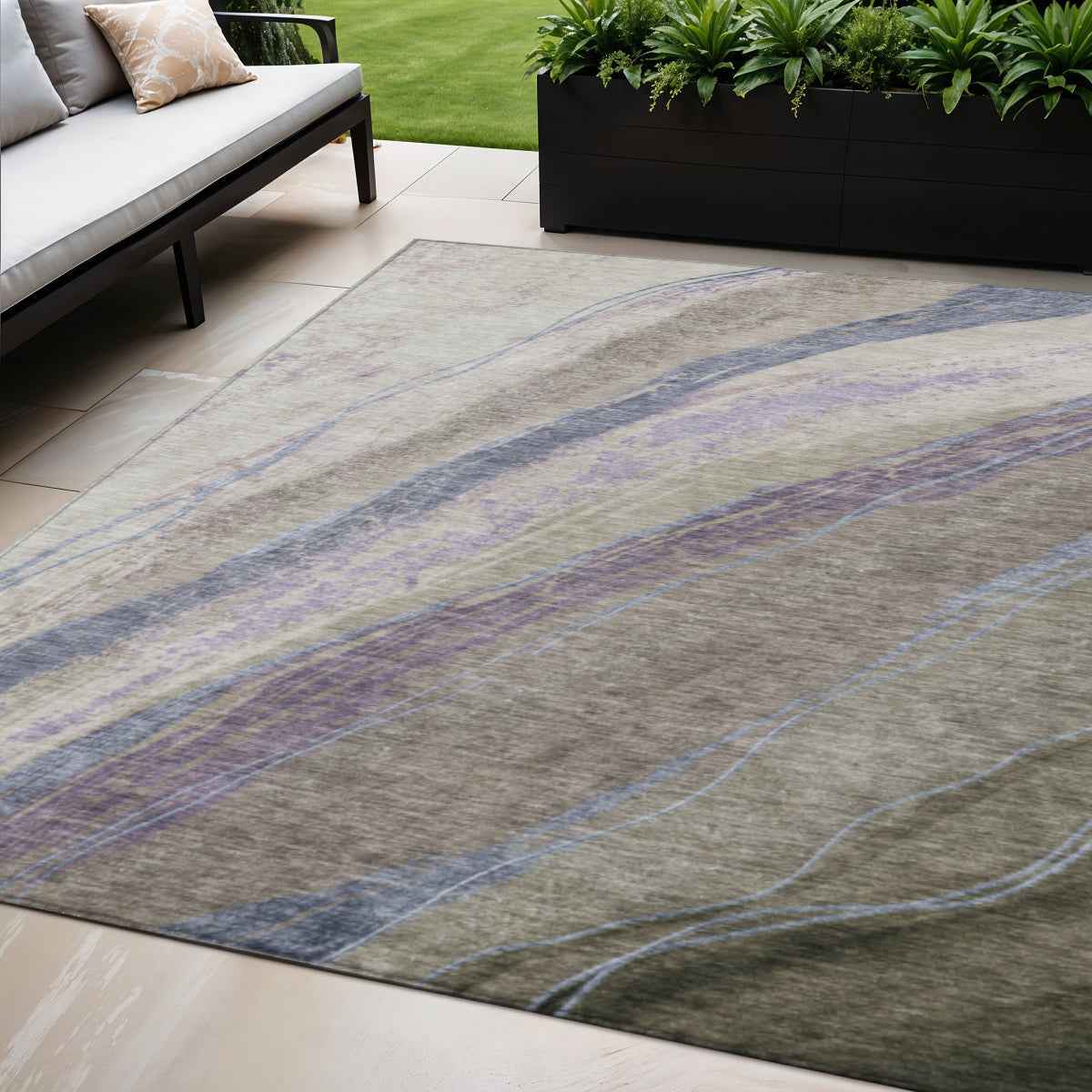 5' X 8' Brown Taupe And Purple Abstract Washable Indoor Outdoor Area Rug