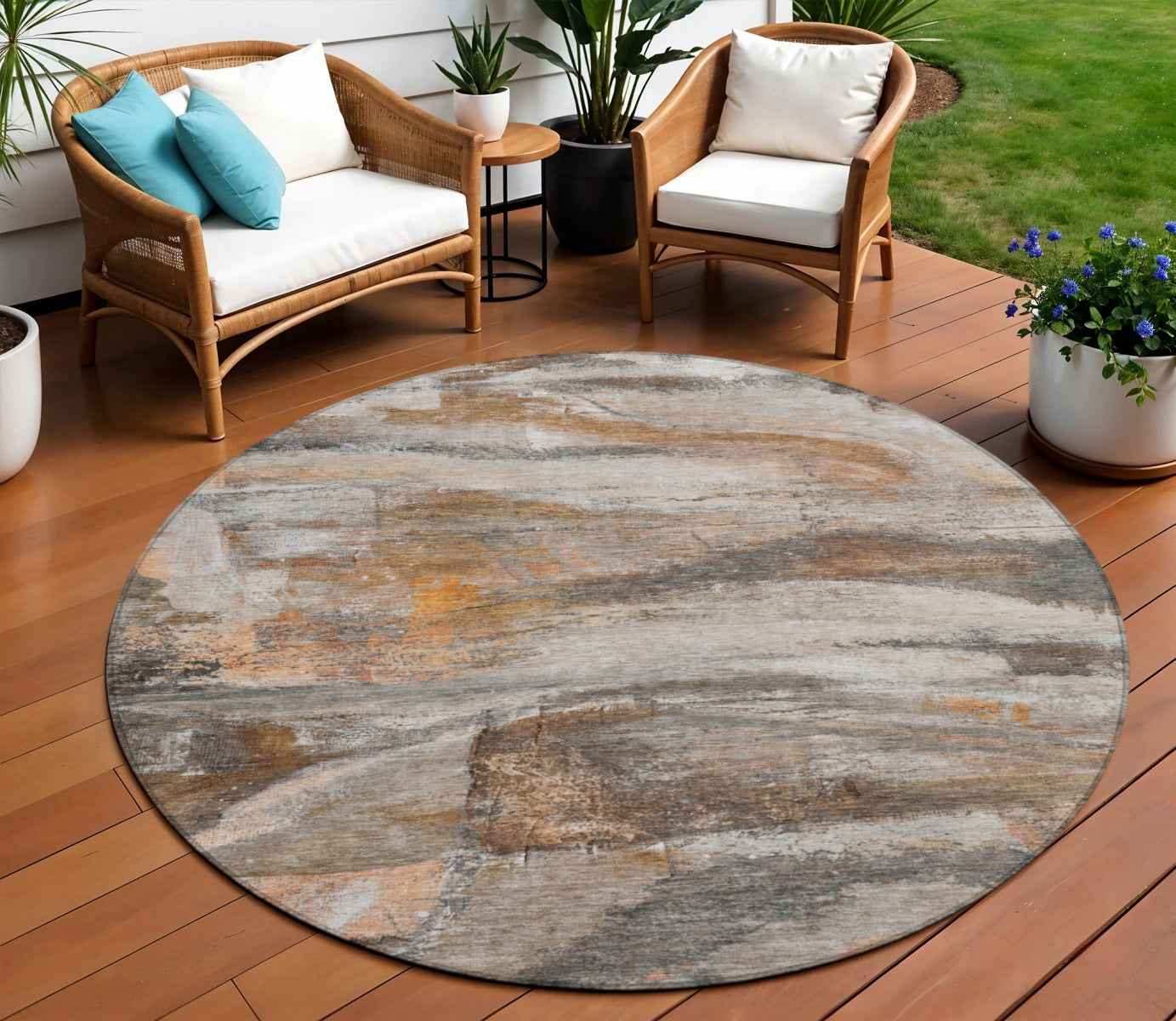8' Brown Gray And Copper Round Abstract Washable Indoor Outdoor Area Rug