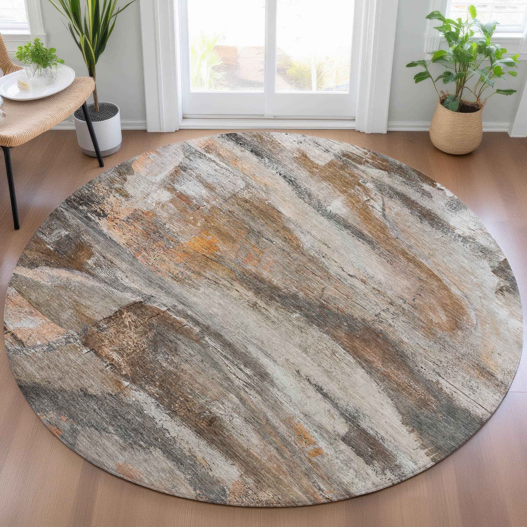 8' Brown Gray And Copper Round Abstract Washable Indoor Outdoor Area Rug