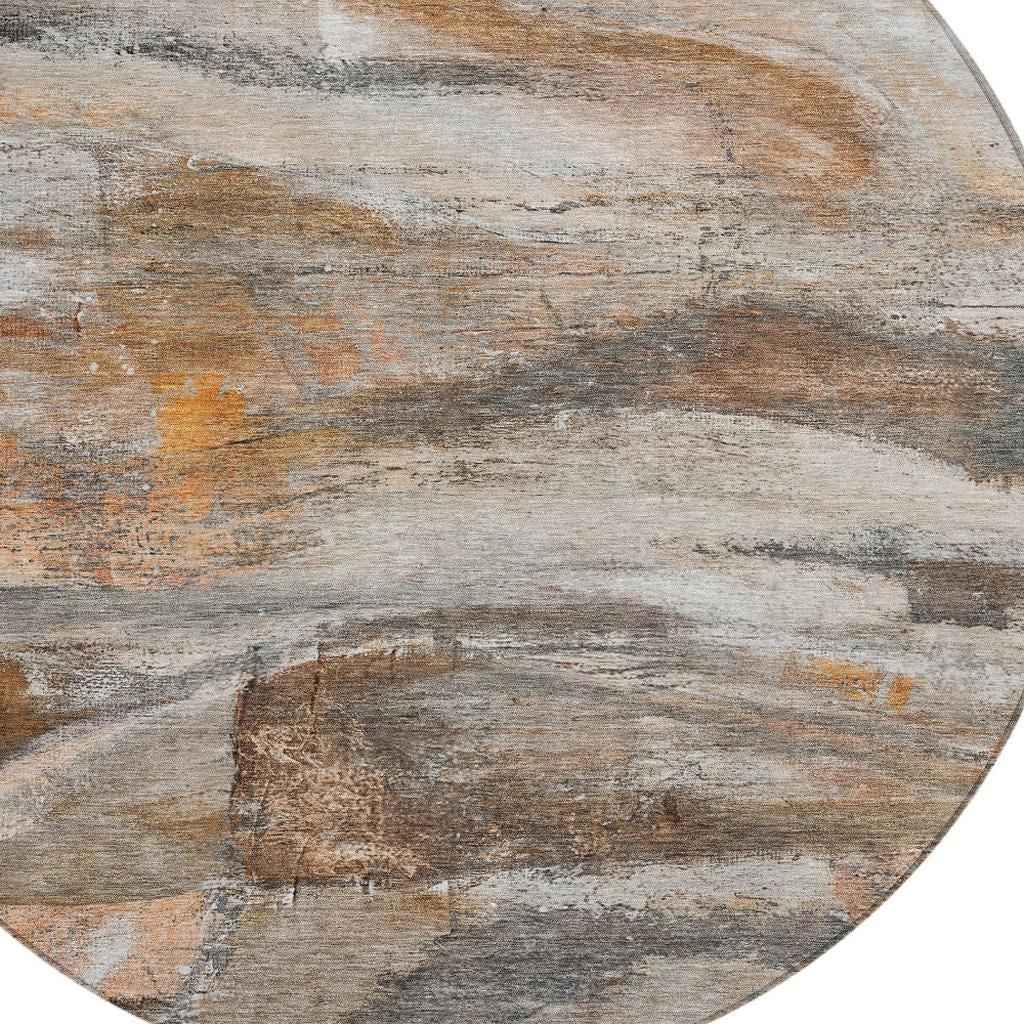 8' Brown Gray And Copper Round Abstract Washable Indoor Outdoor Area Rug