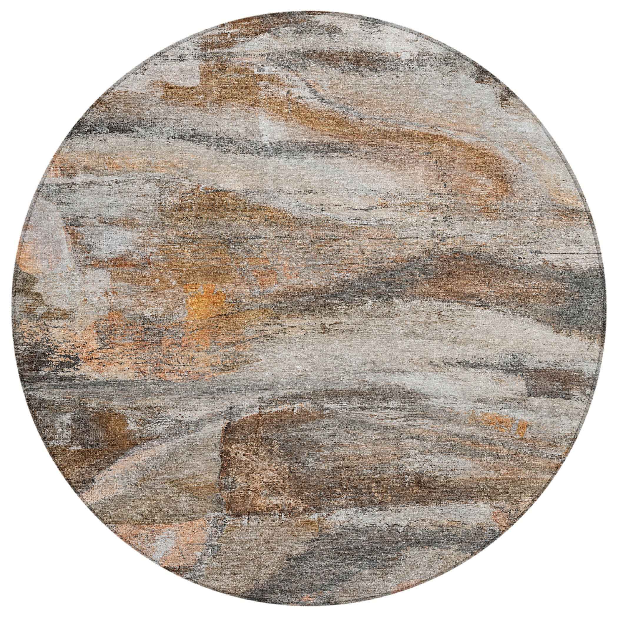 8' Brown Gray And Copper Round Abstract Washable Indoor Outdoor Area Rug