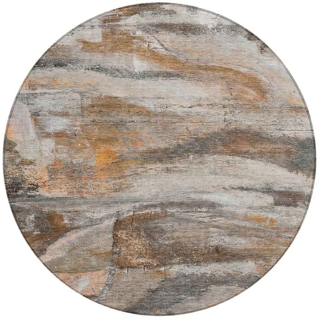 8' Brown Gray And Copper Round Abstract Washable Indoor Outdoor Area Rug