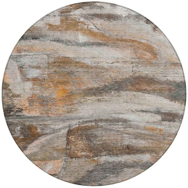 8' Brown Gray And Copper Round Abstract Washable Indoor Outdoor Area Rug
