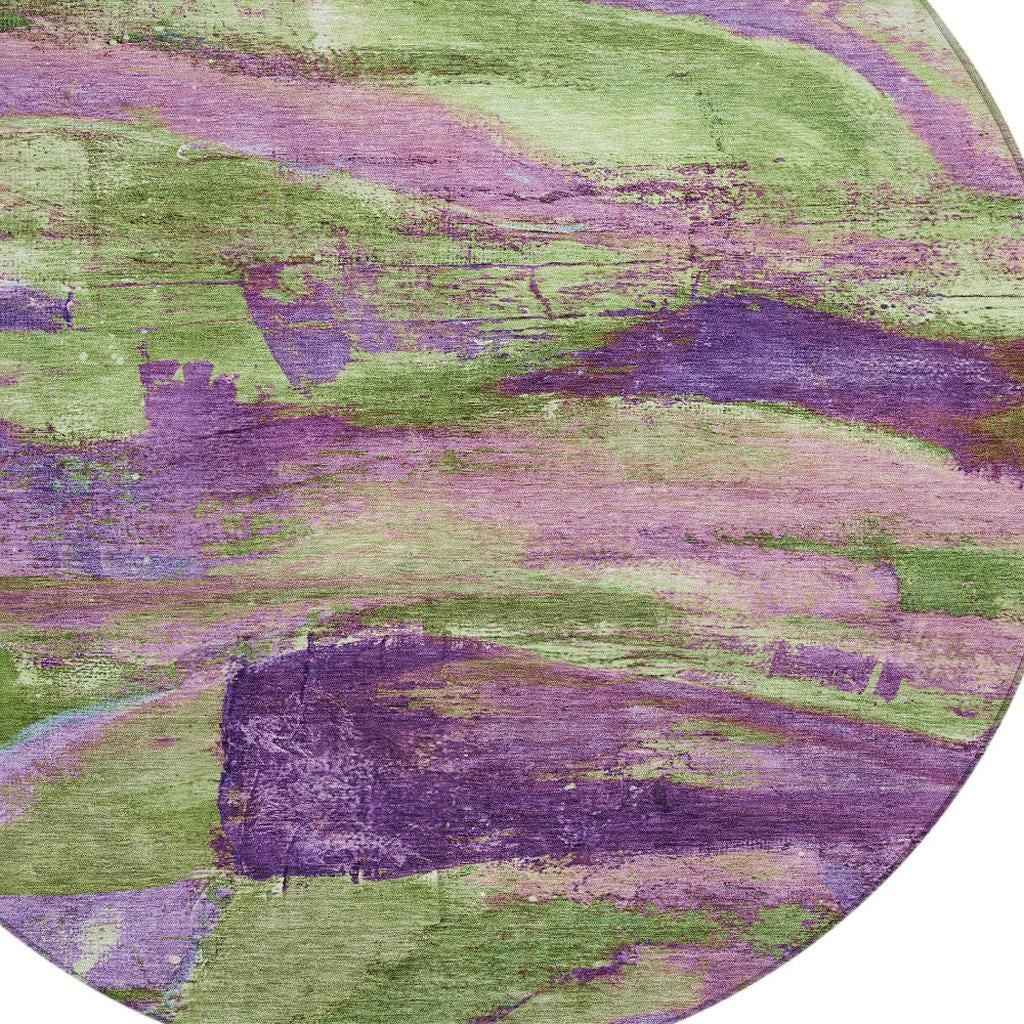 8' Purple Plum And Green Round Abstract Washable Indoor Outdoor Area Rug