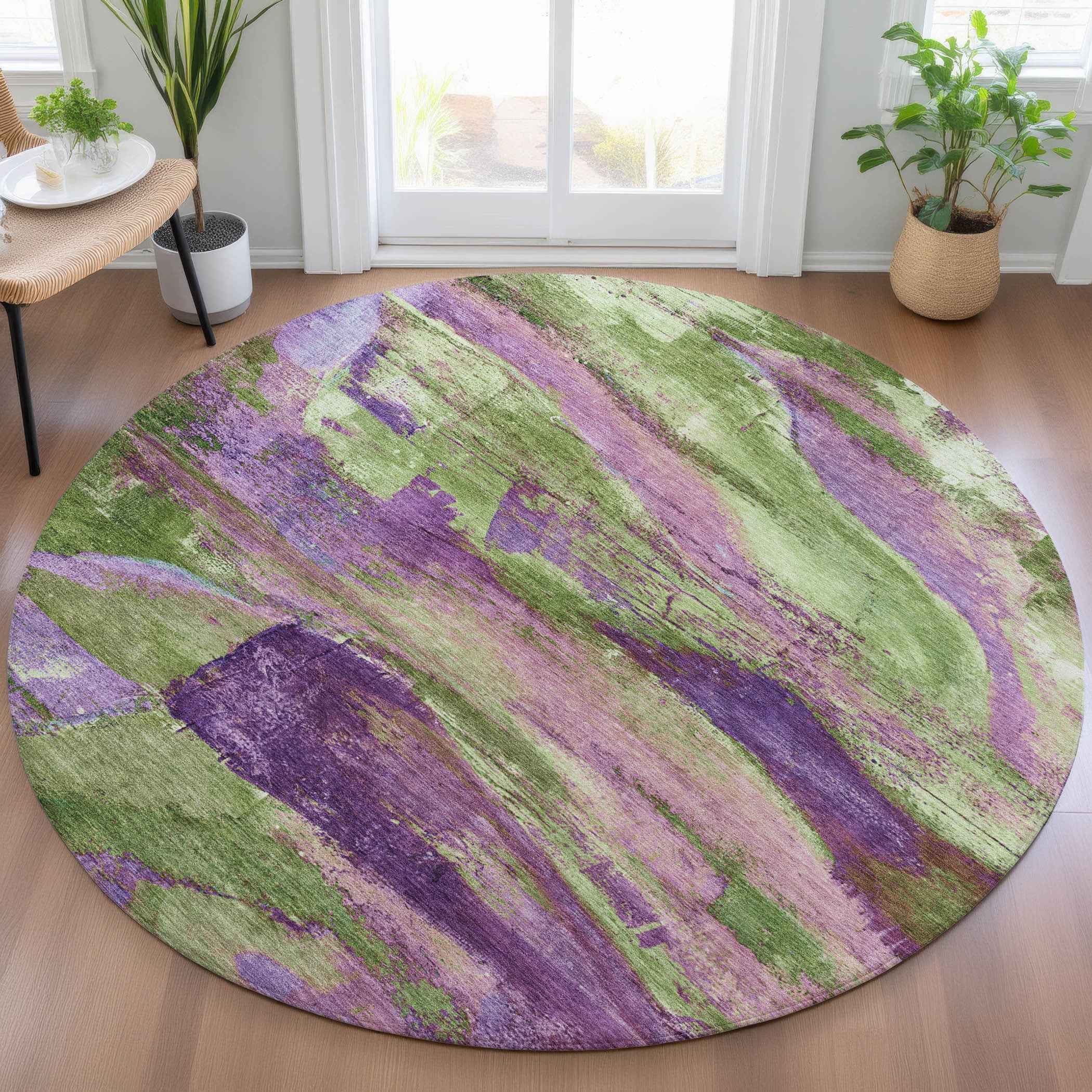 8' Purple Plum And Green Round Abstract Washable Indoor Outdoor Area Rug