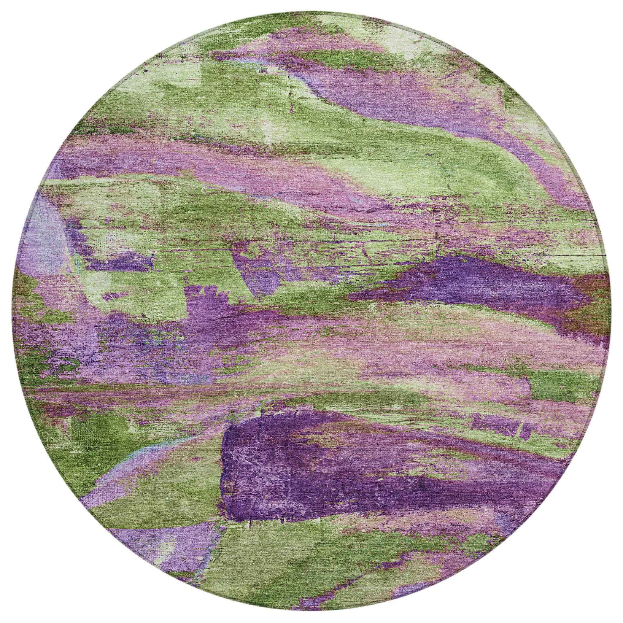 8' Purple Plum And Green Round Abstract Washable Indoor Outdoor Area Rug