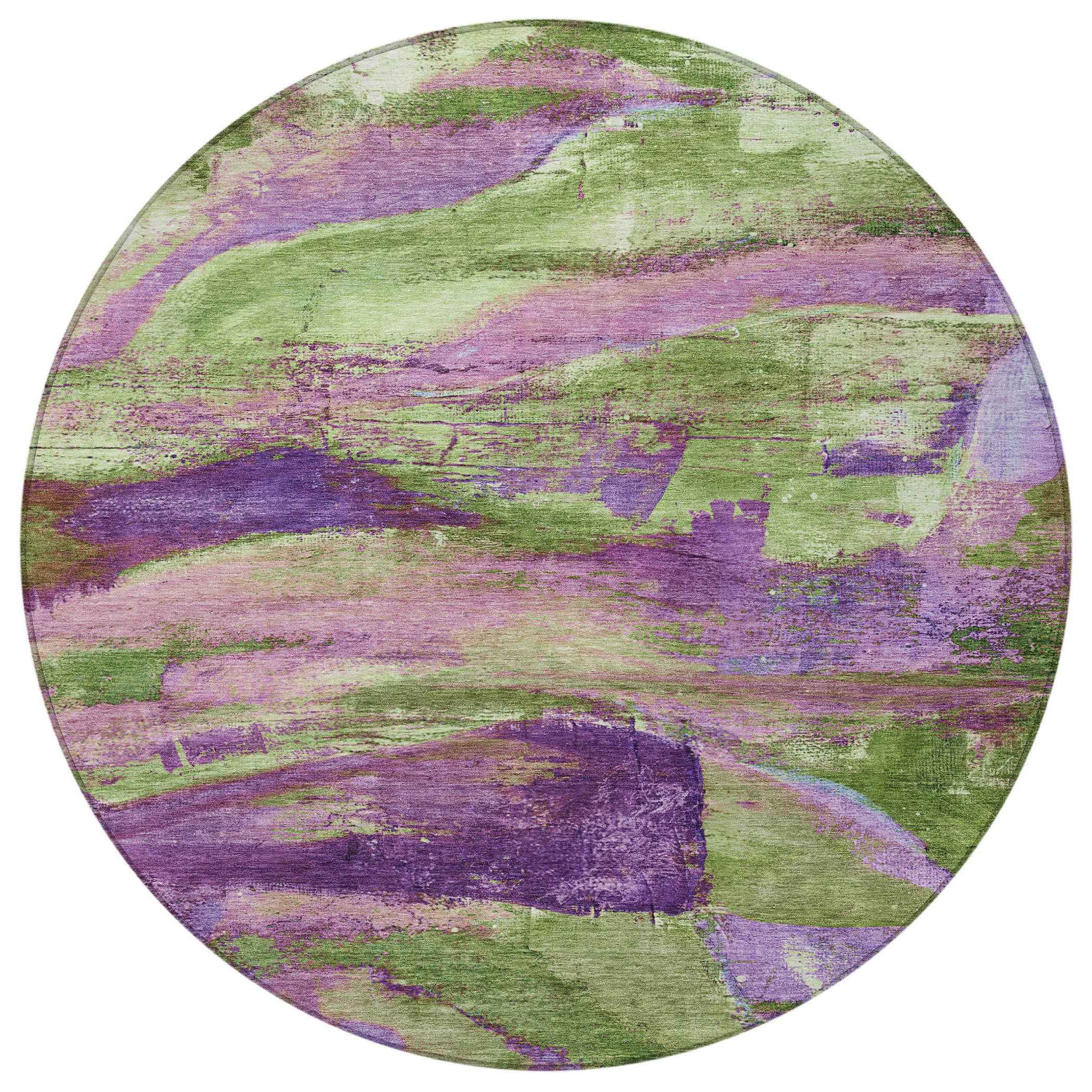 8' Purple Plum And Green Round Abstract Washable Indoor Outdoor Area Rug