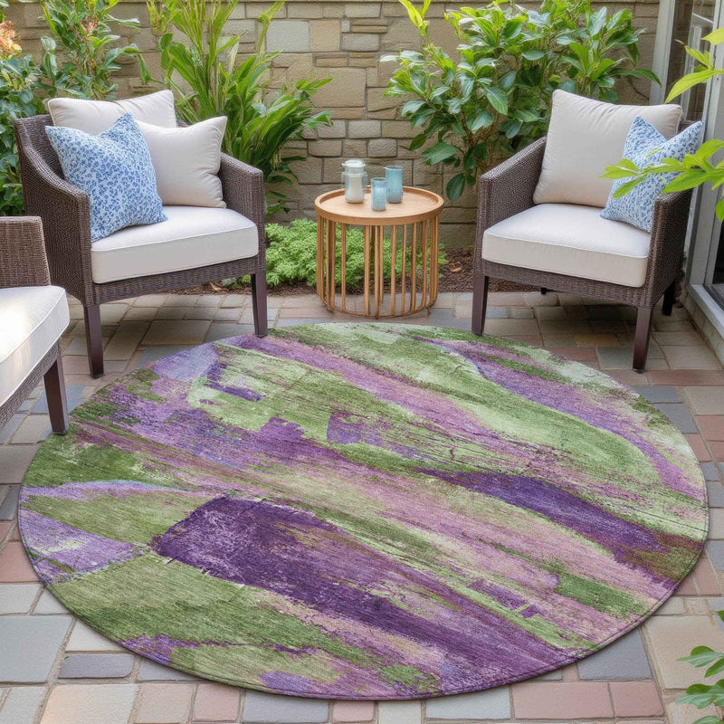 8' Purple Plum And Green Round Abstract Washable Indoor Outdoor Area Rug