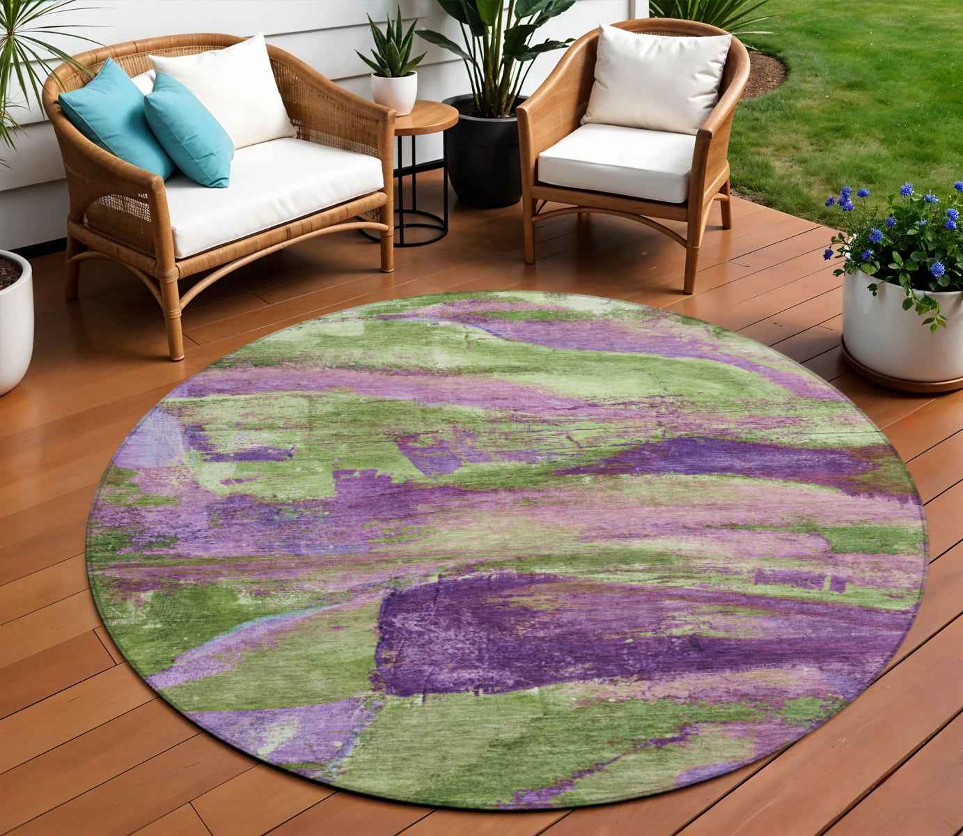 8' Purple Plum And Green Round Abstract Washable Indoor Outdoor Area Rug