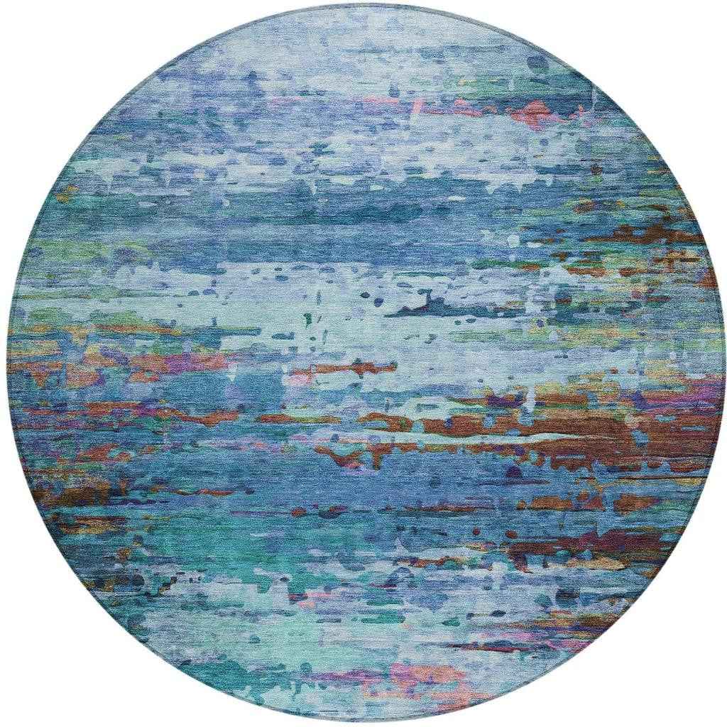 8' Blue Brown And Purple Round Abstract Washable Indoor Outdoor Area Rug Default Title