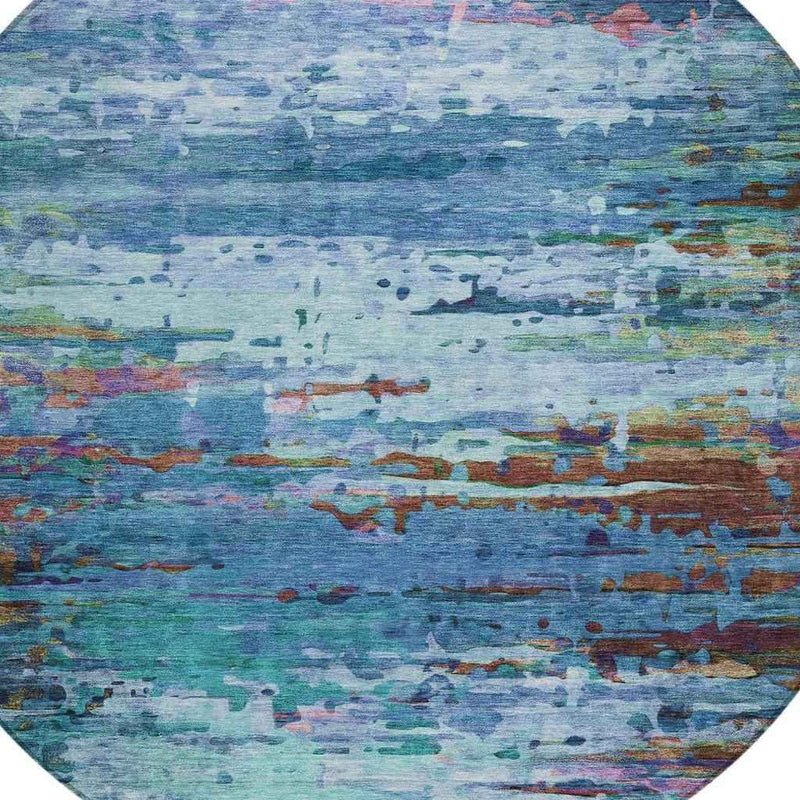 8' Blue Brown And Purple Round Abstract Washable Indoor Outdoor Area Rug