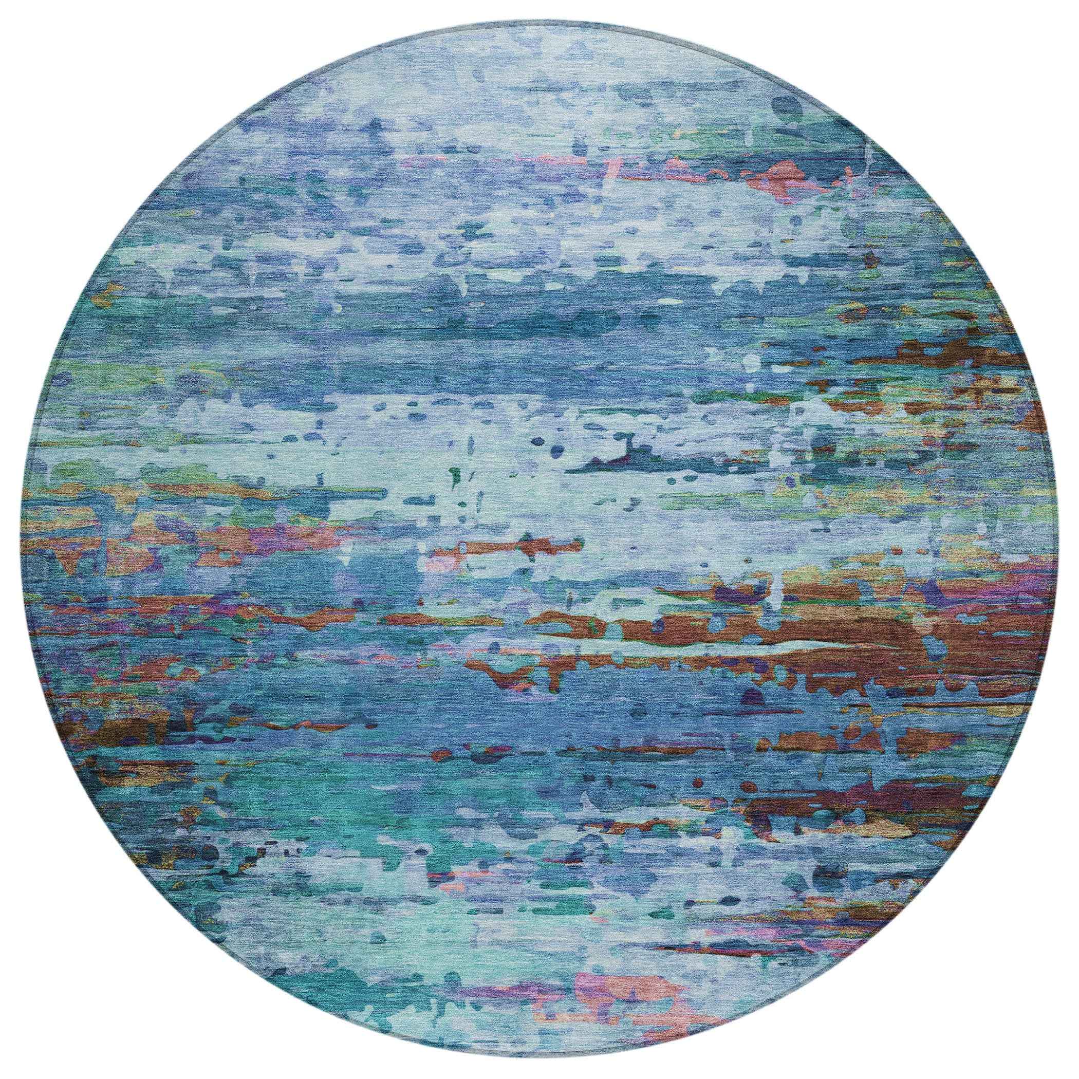 8' Blue Brown And Purple Round Abstract Washable Indoor Outdoor Area Rug