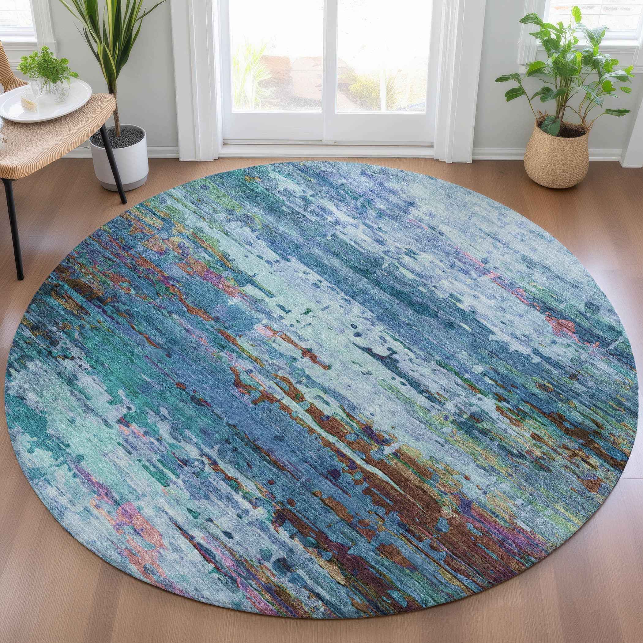 8' Blue Brown And Purple Round Abstract Washable Indoor Outdoor Area Rug