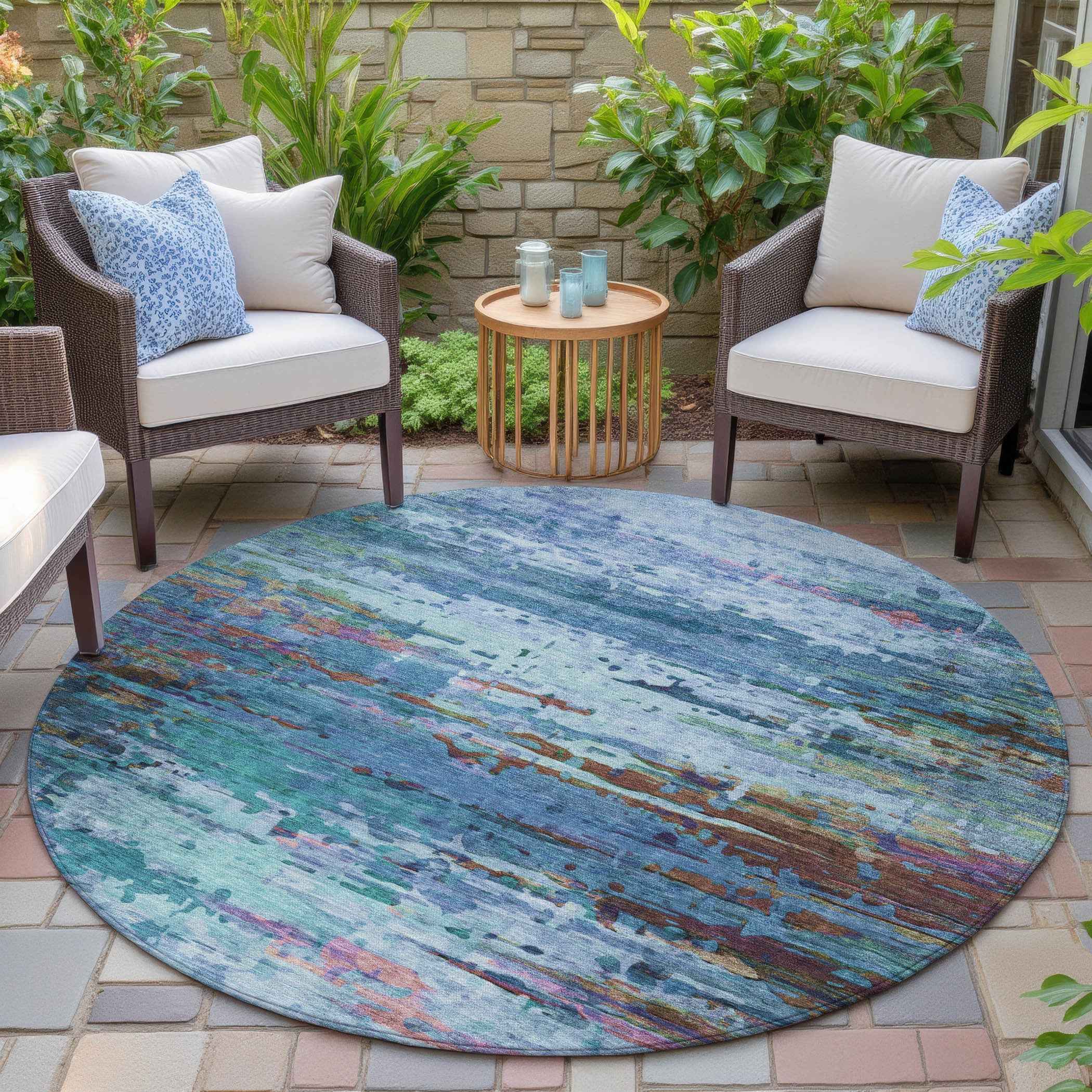 8' Blue Brown And Purple Round Abstract Washable Indoor Outdoor Area Rug
