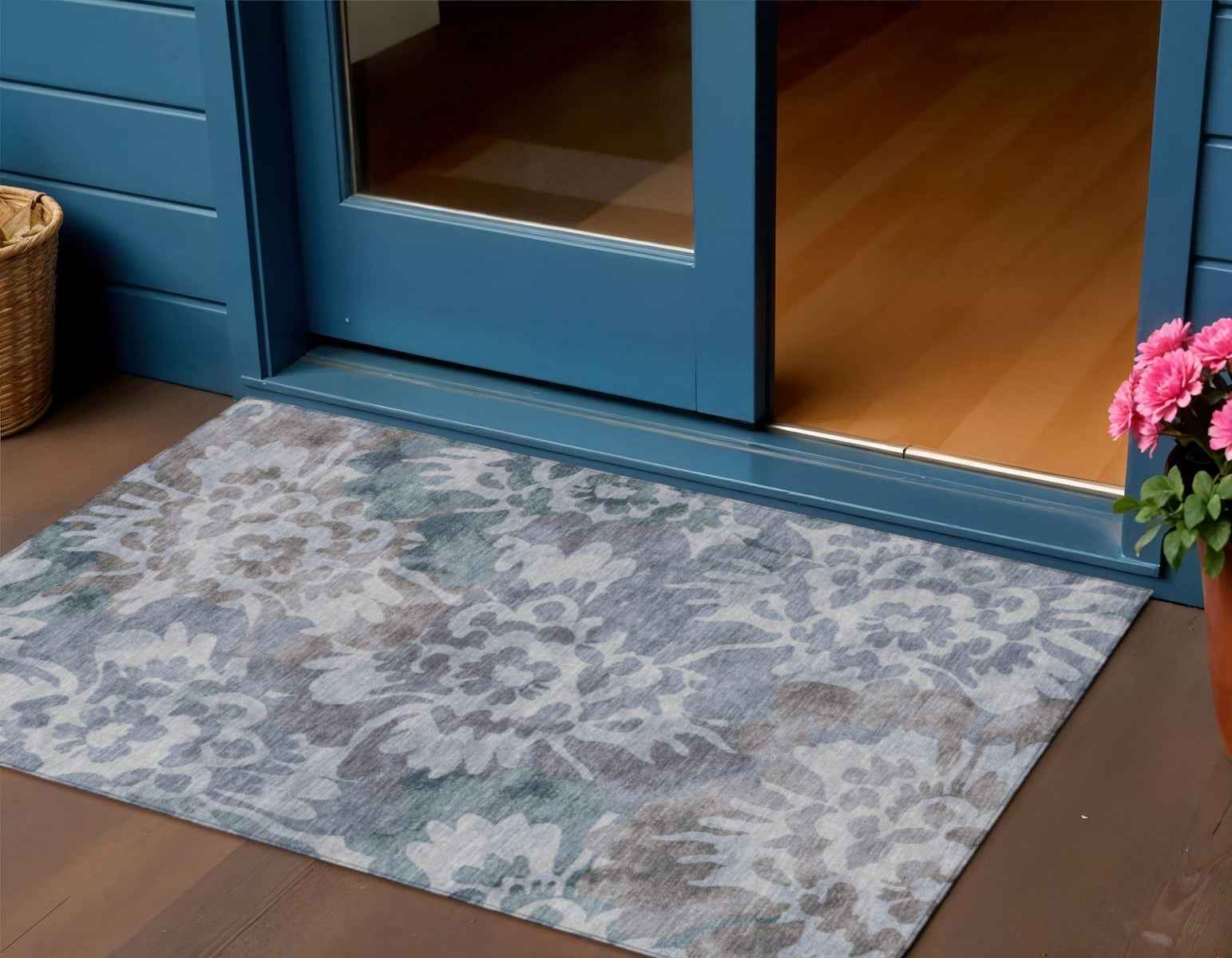 3' X 5' Blue And Silver Floral Washable Indoor Outdoor Area Rug