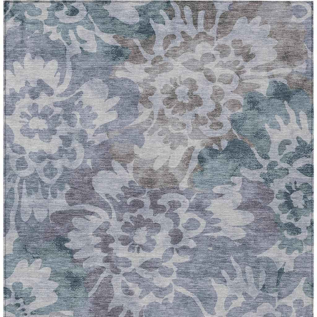 3' X 5' Blue And Silver Floral Washable Indoor Outdoor Area Rug