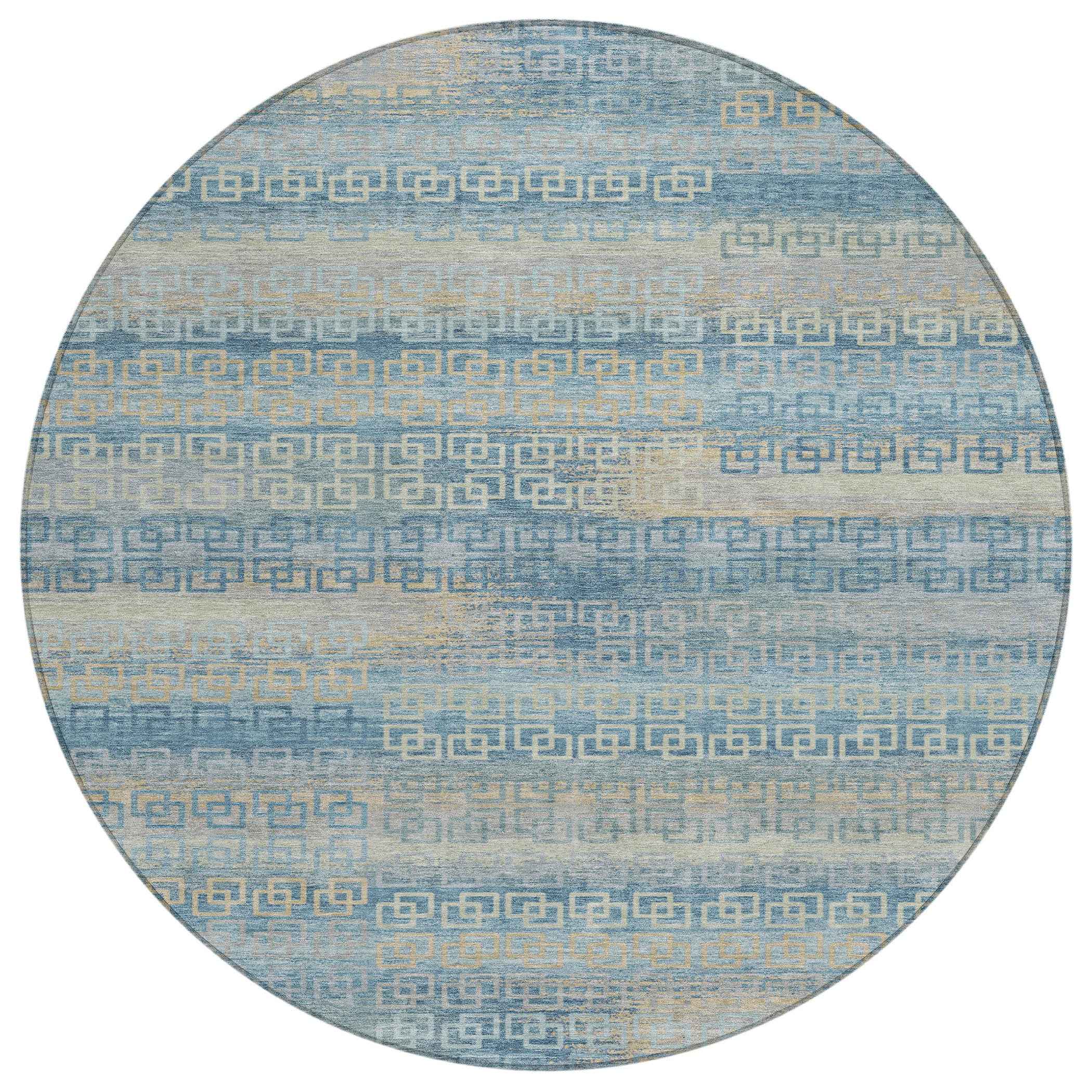 8' Teal Blue And Beige Round Striped Washable Indoor Outdoor Area Rug