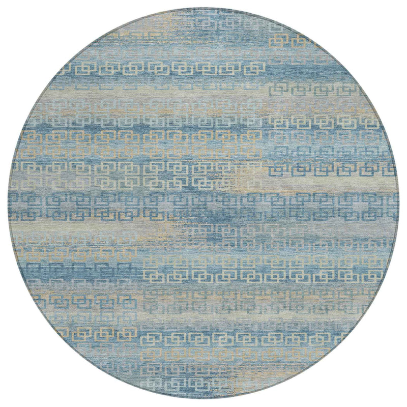 8' Teal Blue And Beige Round Striped Washable Indoor Outdoor Area Rug