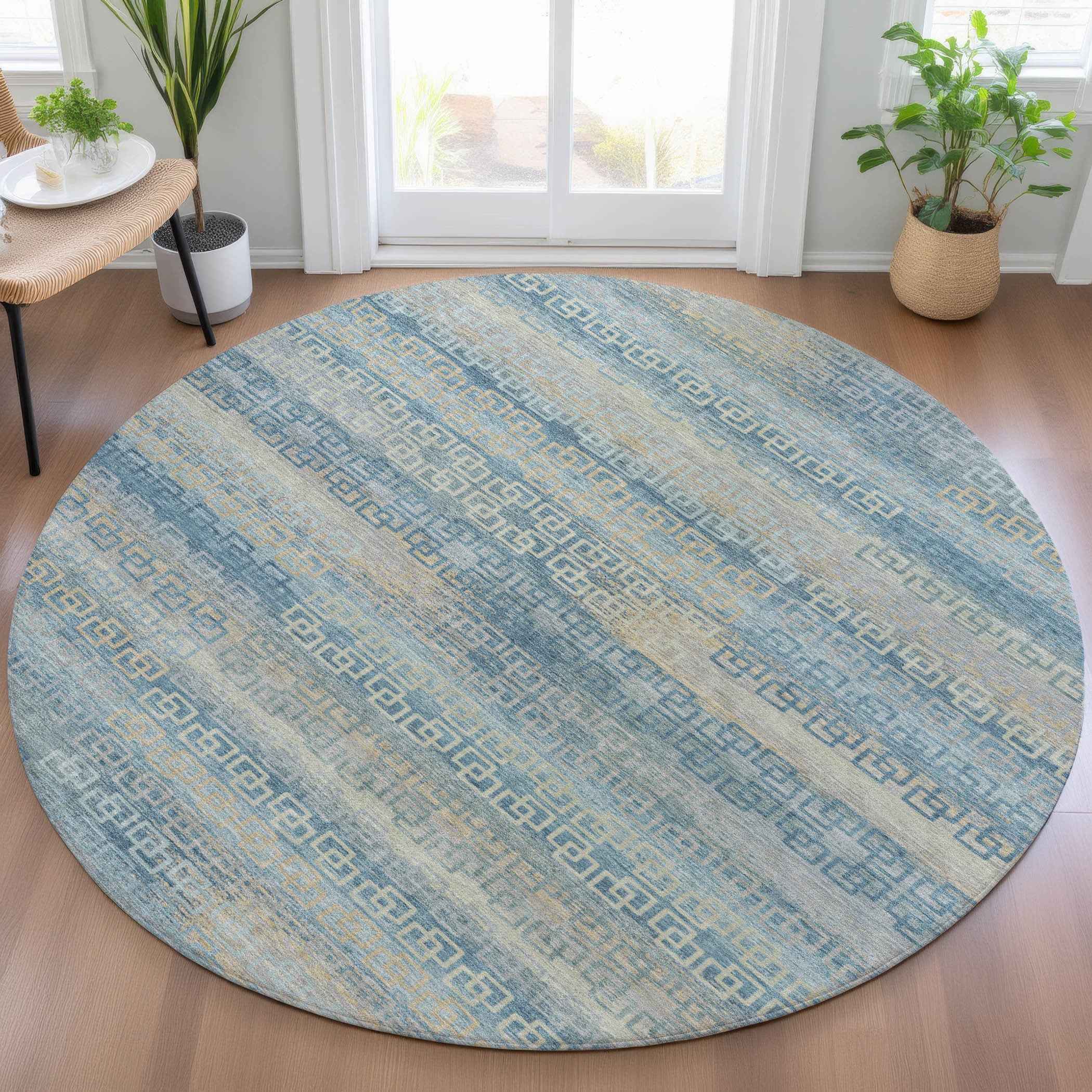 8' Teal Blue And Beige Round Striped Washable Indoor Outdoor Area Rug