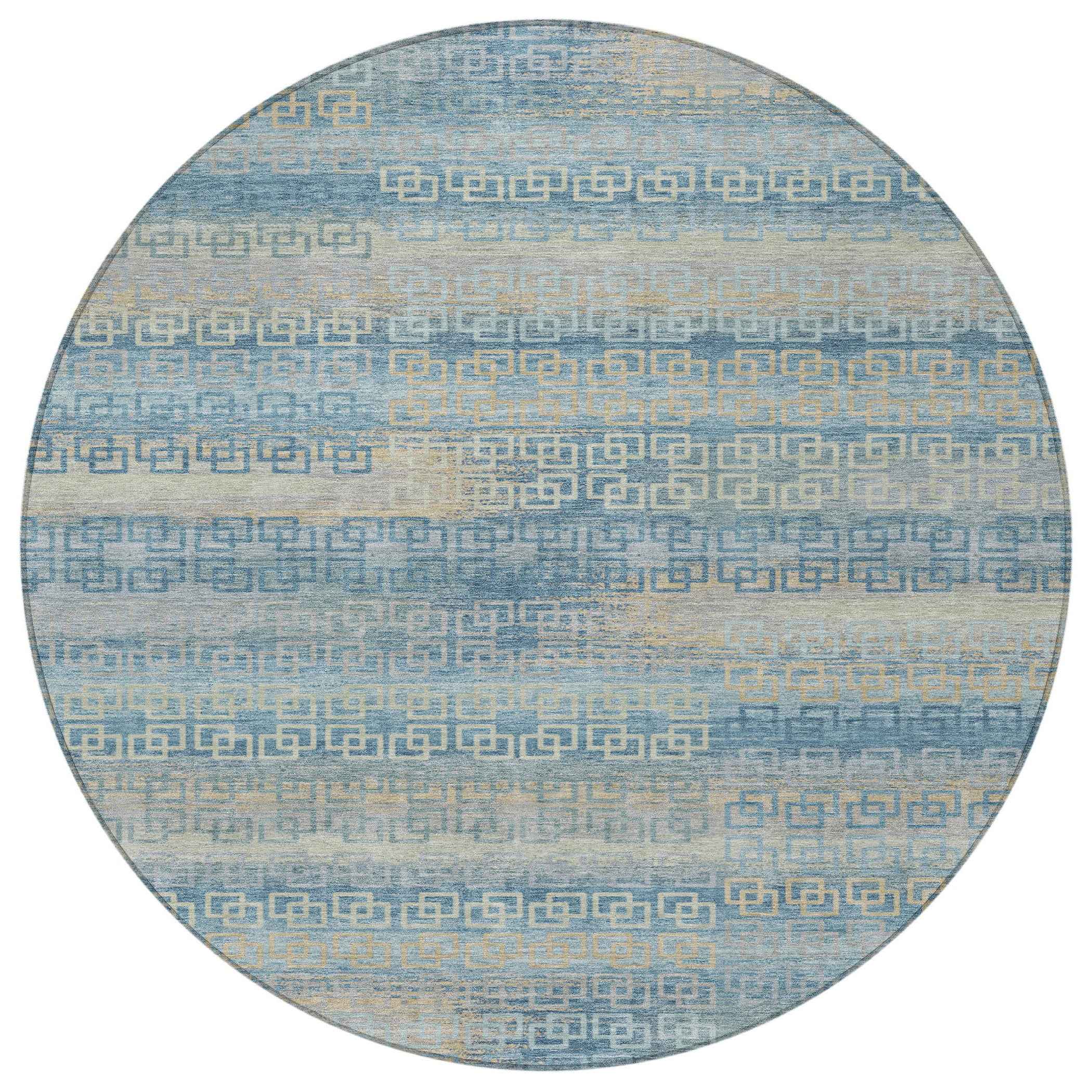 8' Teal Blue And Beige Round Striped Washable Indoor Outdoor Area Rug