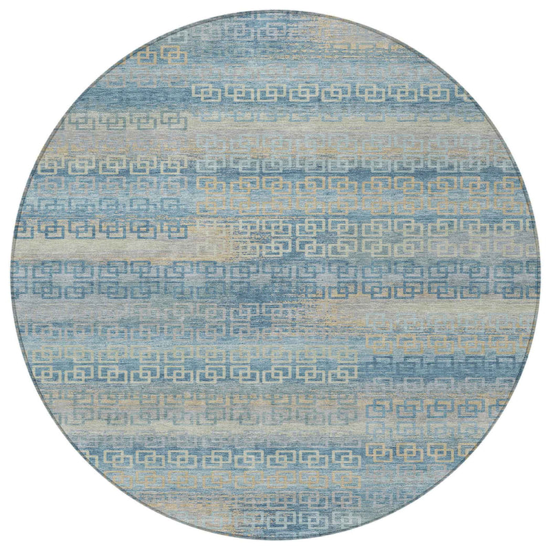 8' Teal Blue And Beige Round Striped Washable Indoor Outdoor Area Rug