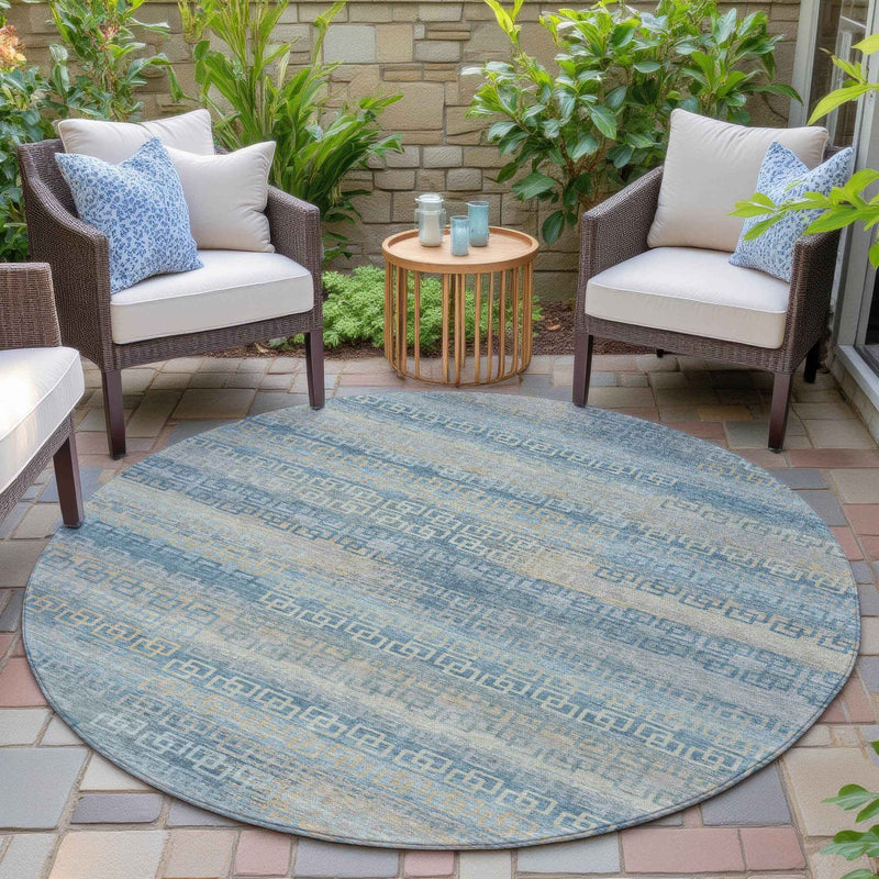 8' Teal Blue And Beige Round Striped Washable Indoor Outdoor Area Rug