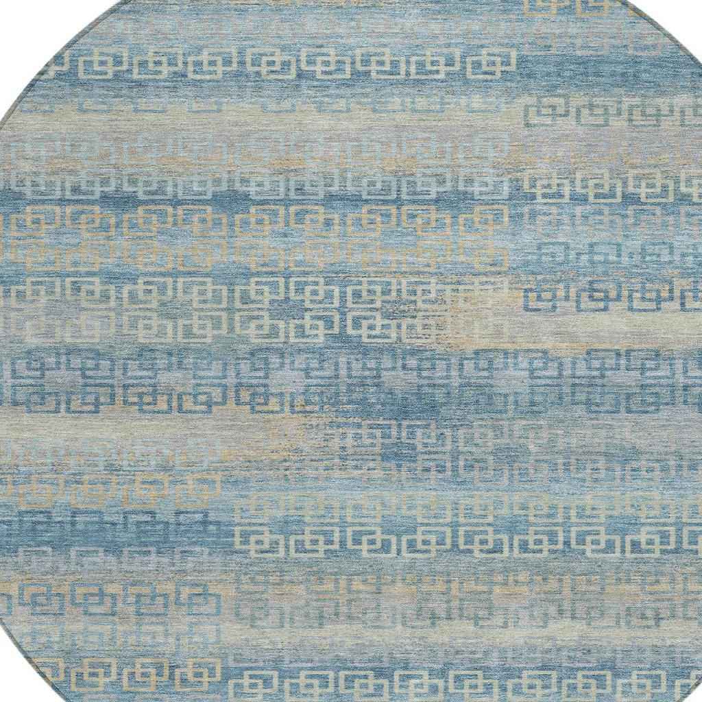 8' Teal Blue And Beige Round Striped Washable Indoor Outdoor Area Rug