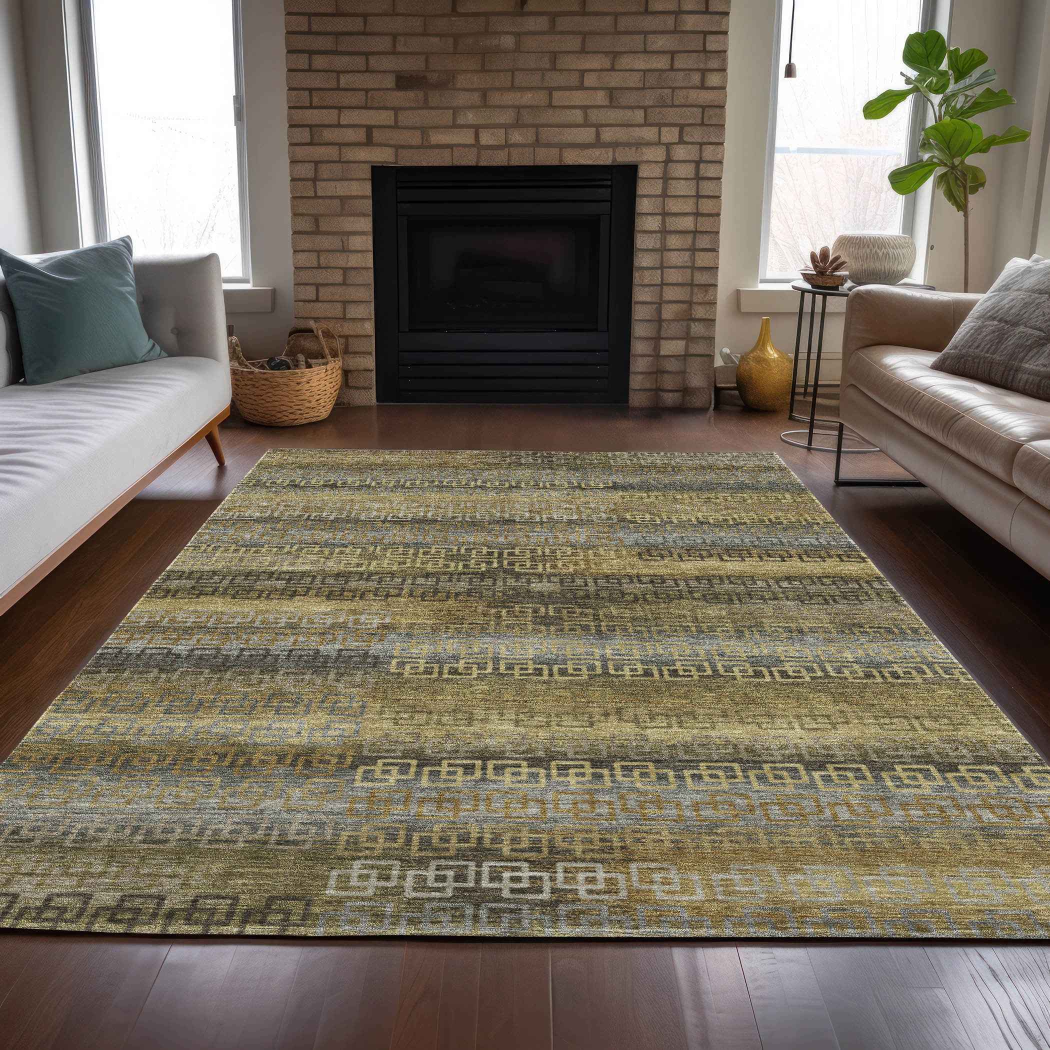 9' X 12' Wheat And Brown Striped Washable Indoor Outdoor Area Rug