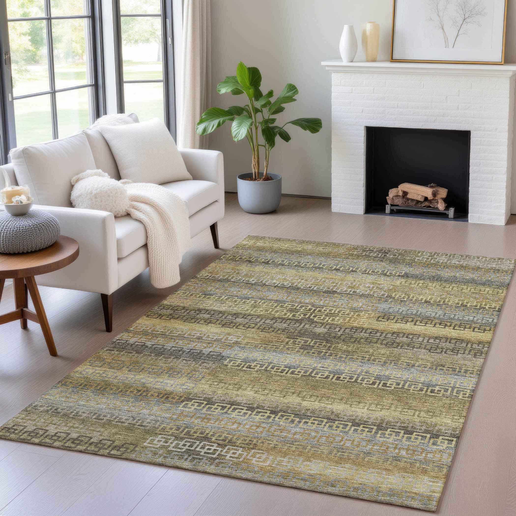 9' X 12' Wheat And Brown Striped Washable Indoor Outdoor Area Rug