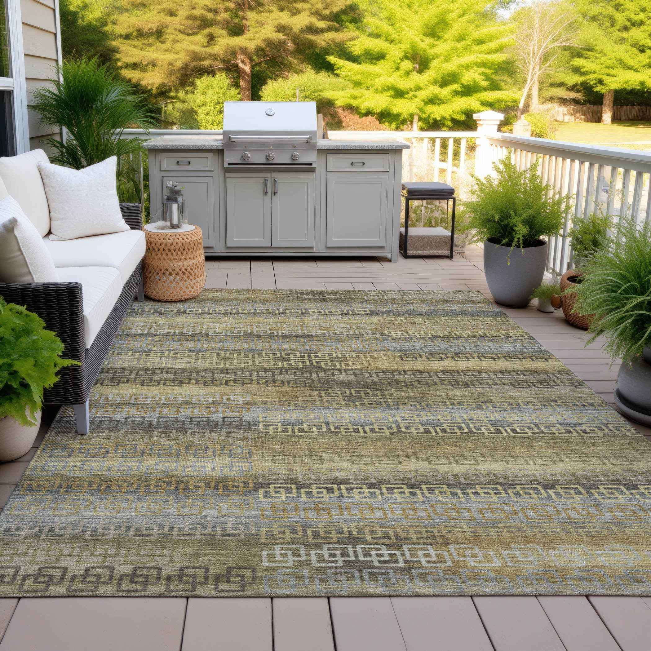 9' X 12' Wheat And Brown Striped Washable Indoor Outdoor Area Rug