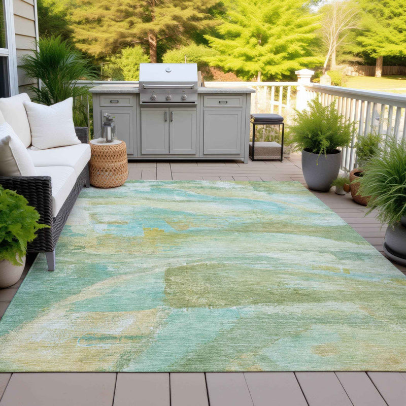 5' X 8' Green Teal Blue And Copper Abstract Washable Indoor Outdoor Area Rug