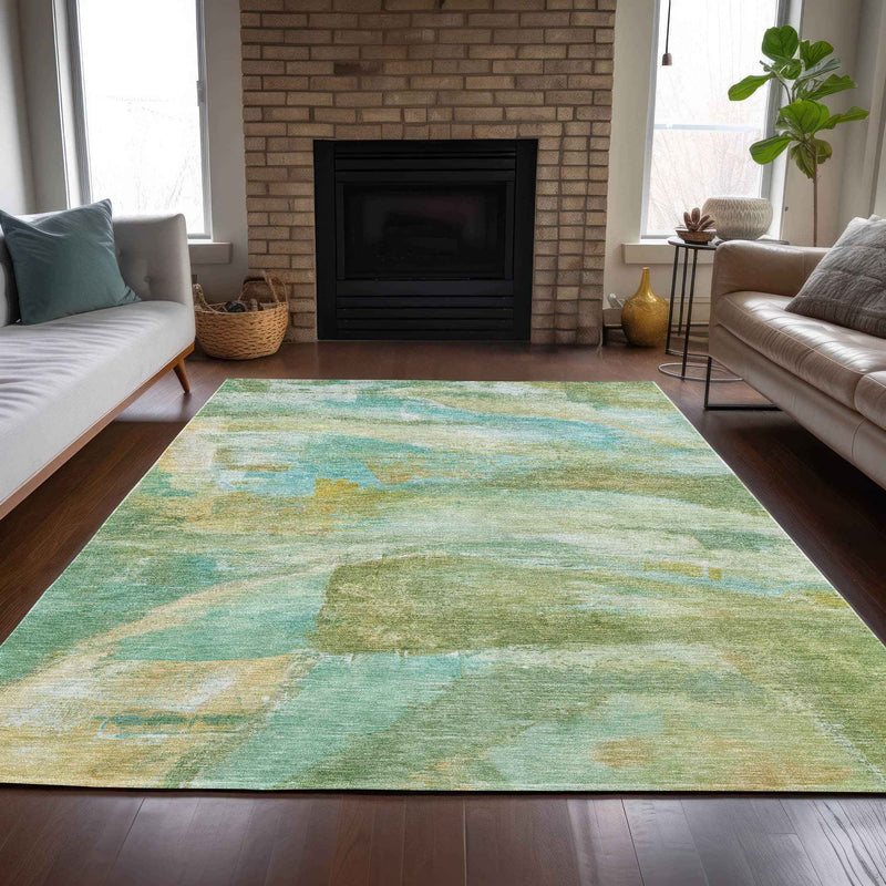 5' X 8' Green Teal Blue And Copper Abstract Washable Indoor Outdoor Area Rug
