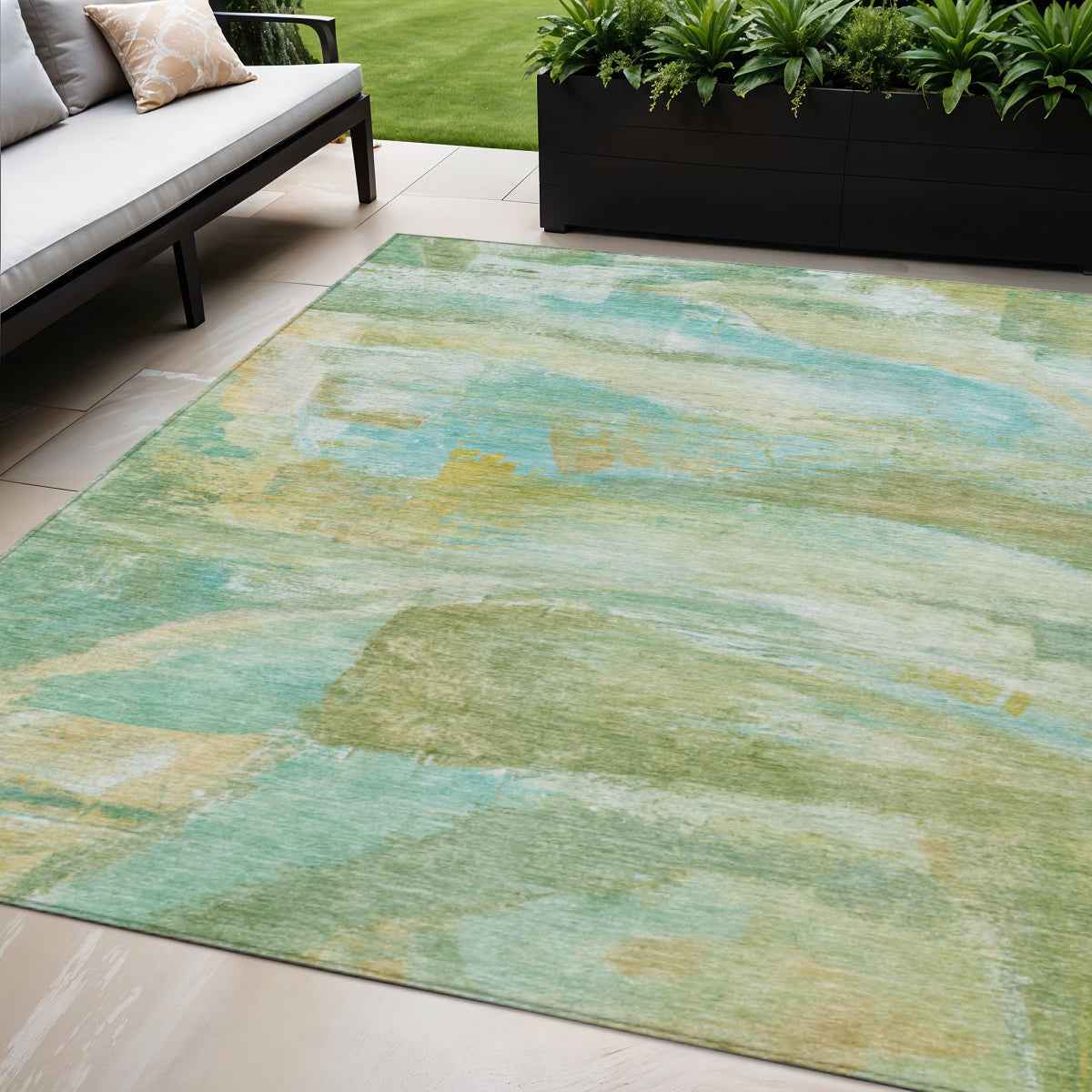 5' X 8' Green Teal Blue And Copper Abstract Washable Indoor Outdoor Area Rug