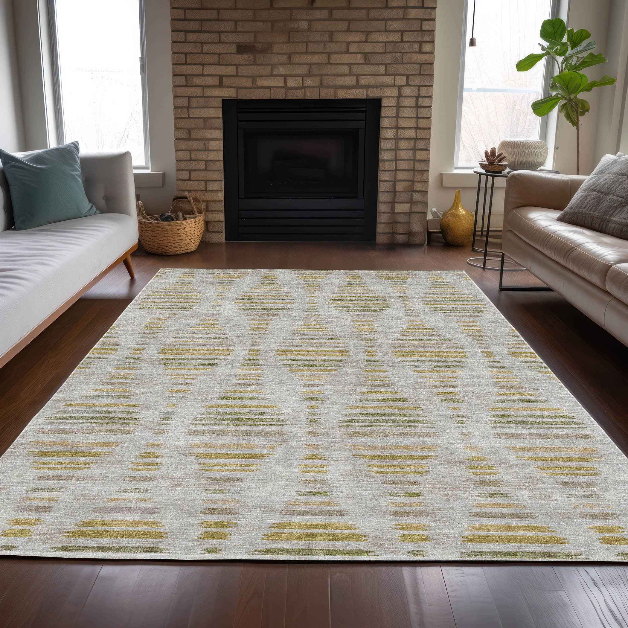 10' X 14' Ivory And Gold Striped Washable Indoor Outdoor Area Rug
