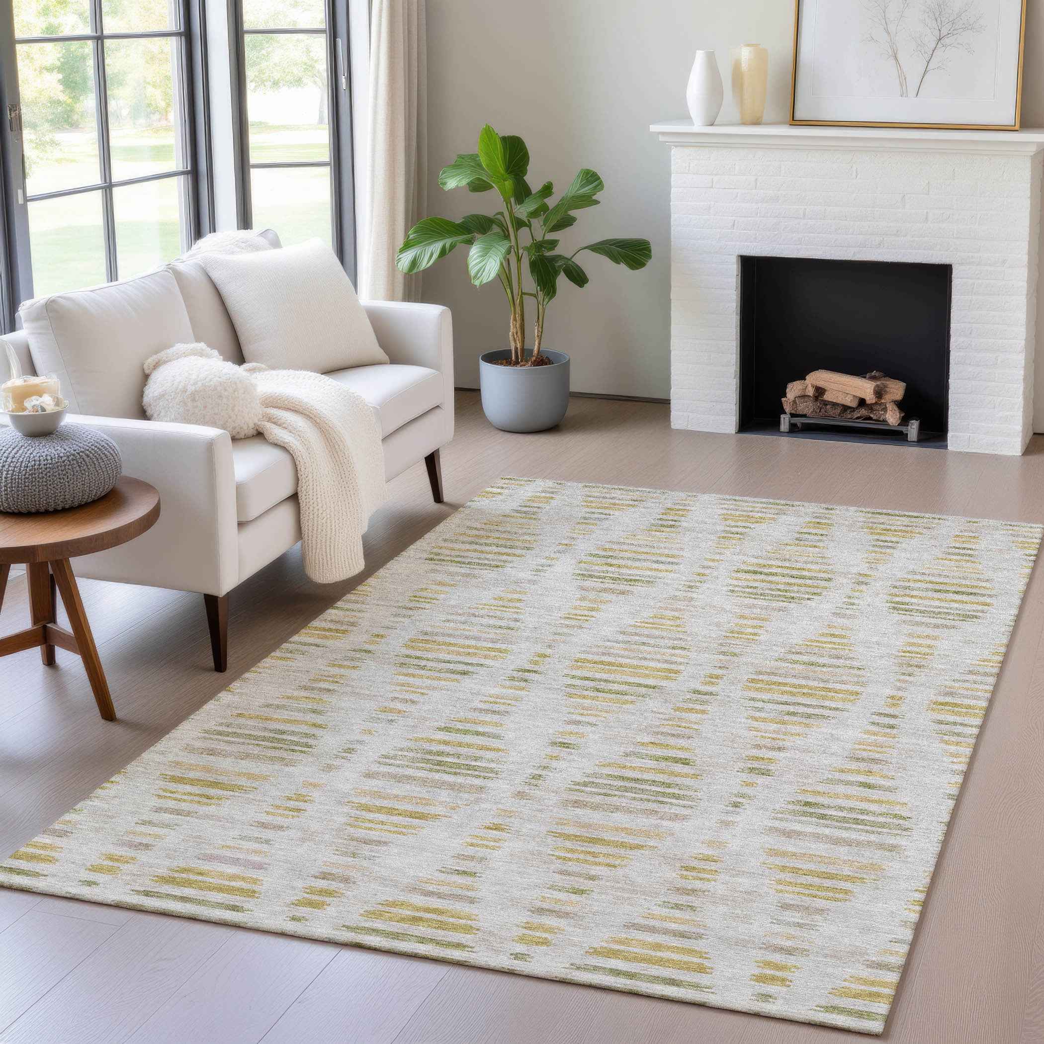 10' X 14' Ivory And Gold Striped Washable Indoor Outdoor Area Rug