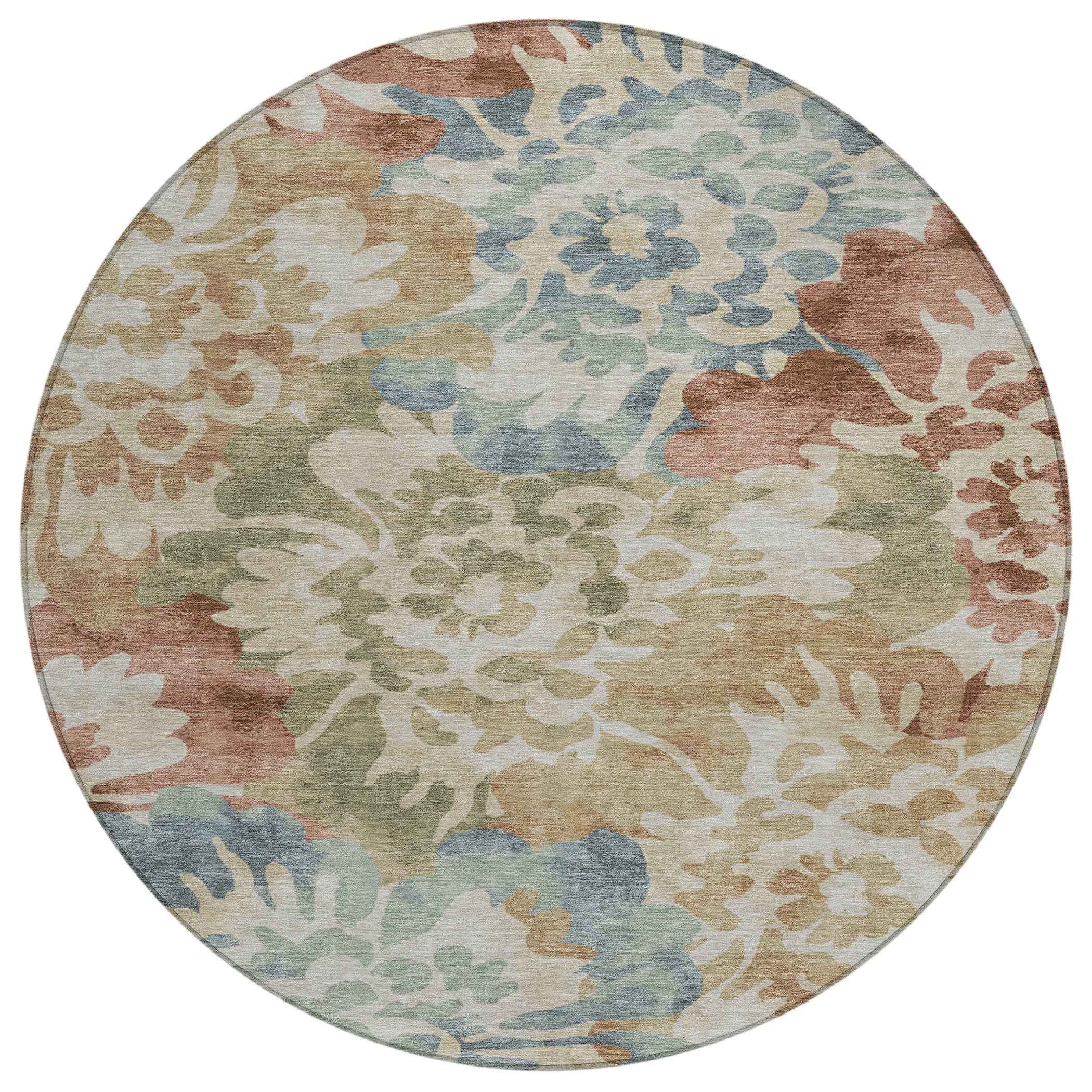8' Rust And Beige Round Floral Washable Indoor Outdoor Area Rug