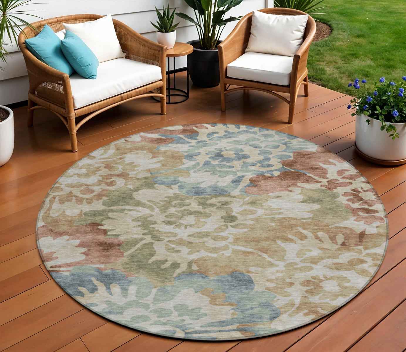 8' Rust And Beige Round Floral Washable Indoor Outdoor Area Rug