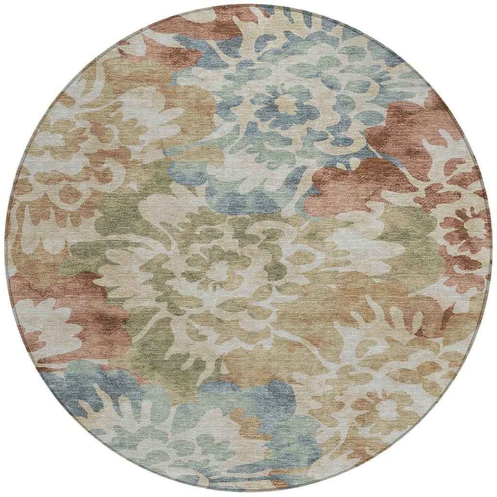 8' Rust And Beige Round Floral Washable Indoor Outdoor Area Rug