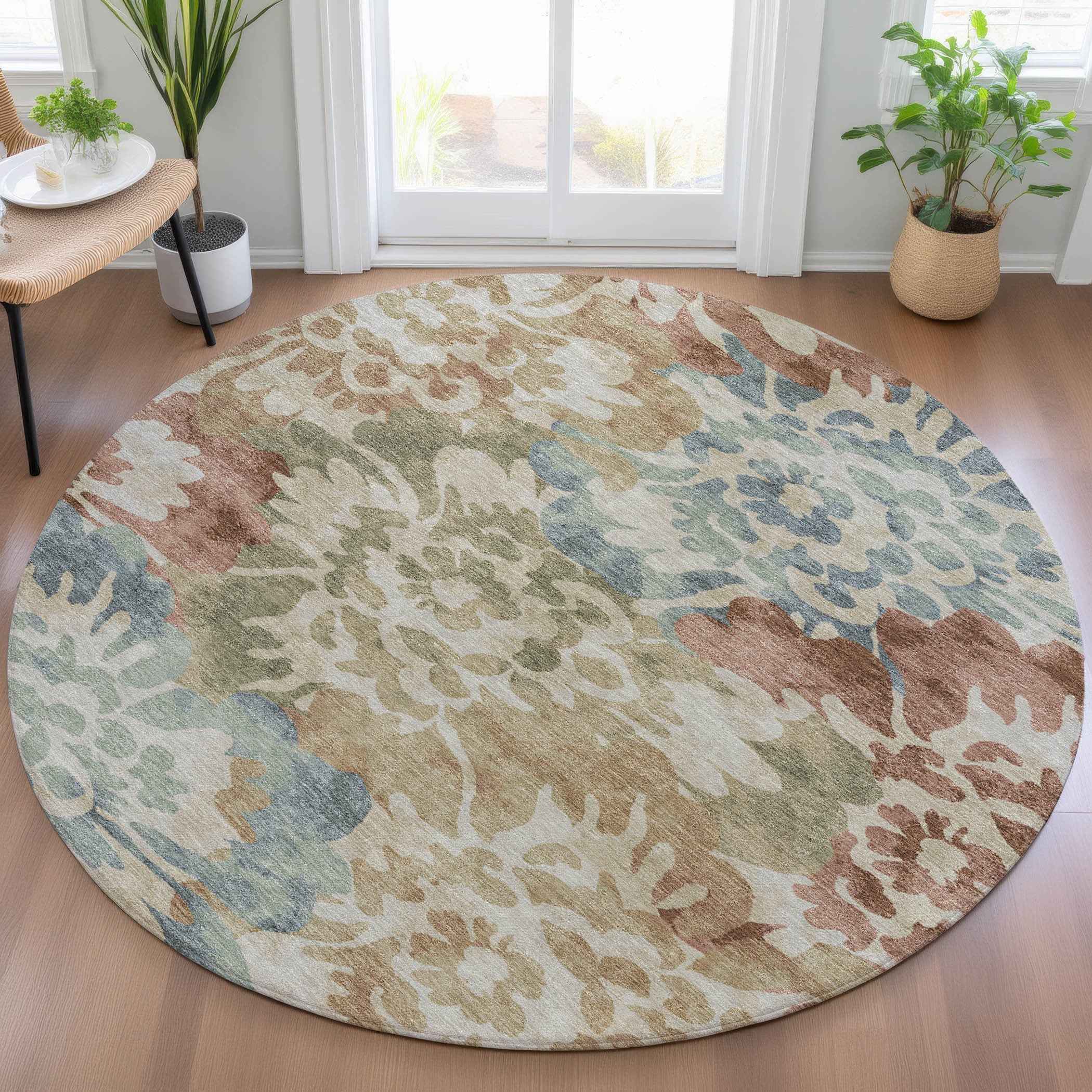 8' Rust And Beige Round Floral Washable Indoor Outdoor Area Rug