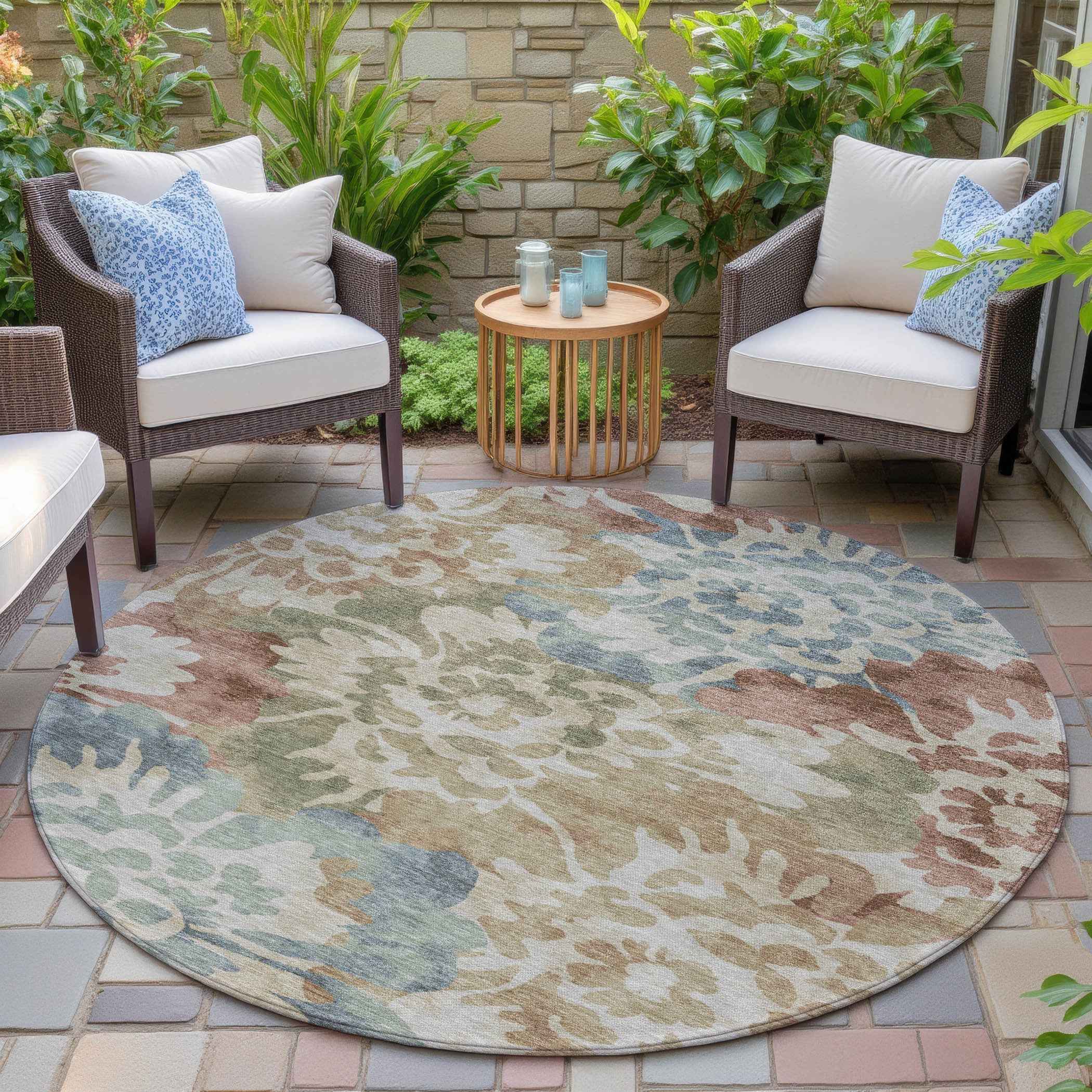 8' Rust And Beige Round Floral Washable Indoor Outdoor Area Rug