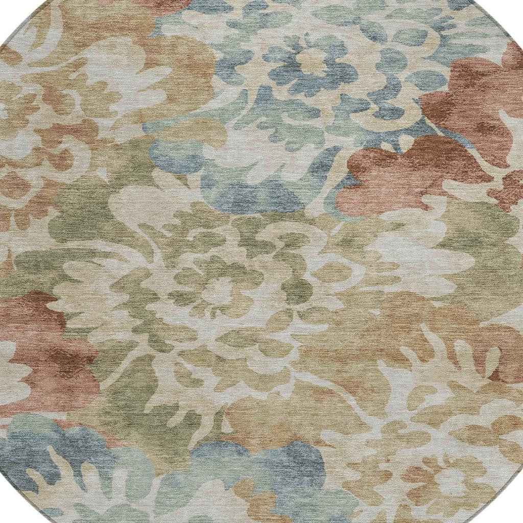 8' Rust And Beige Round Floral Washable Indoor Outdoor Area Rug