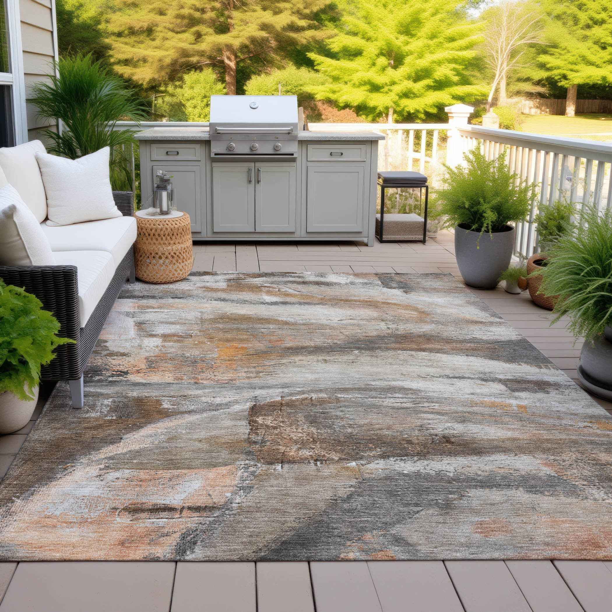 9' X 12' Brown Gray And Copper Abstract Washable Indoor Outdoor Area Rug