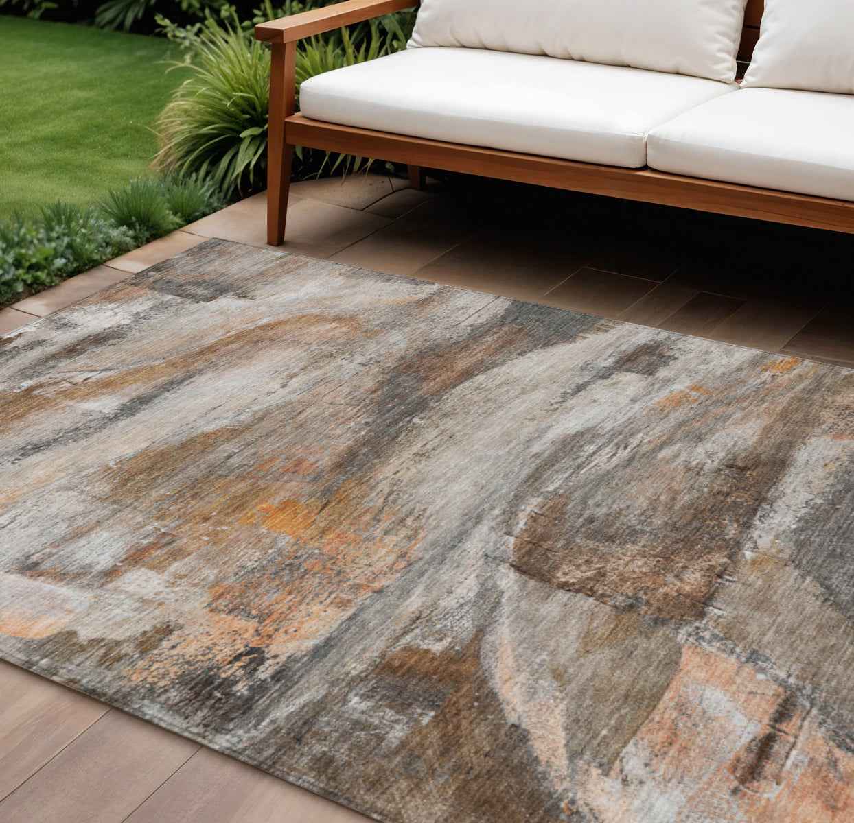 9' X 12' Brown Gray And Copper Abstract Washable Indoor Outdoor Area Rug
