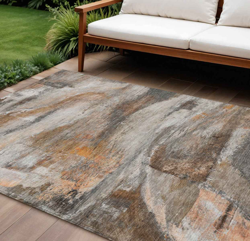9' X 12' Brown Gray And Copper Abstract Washable Indoor Outdoor Area Rug
