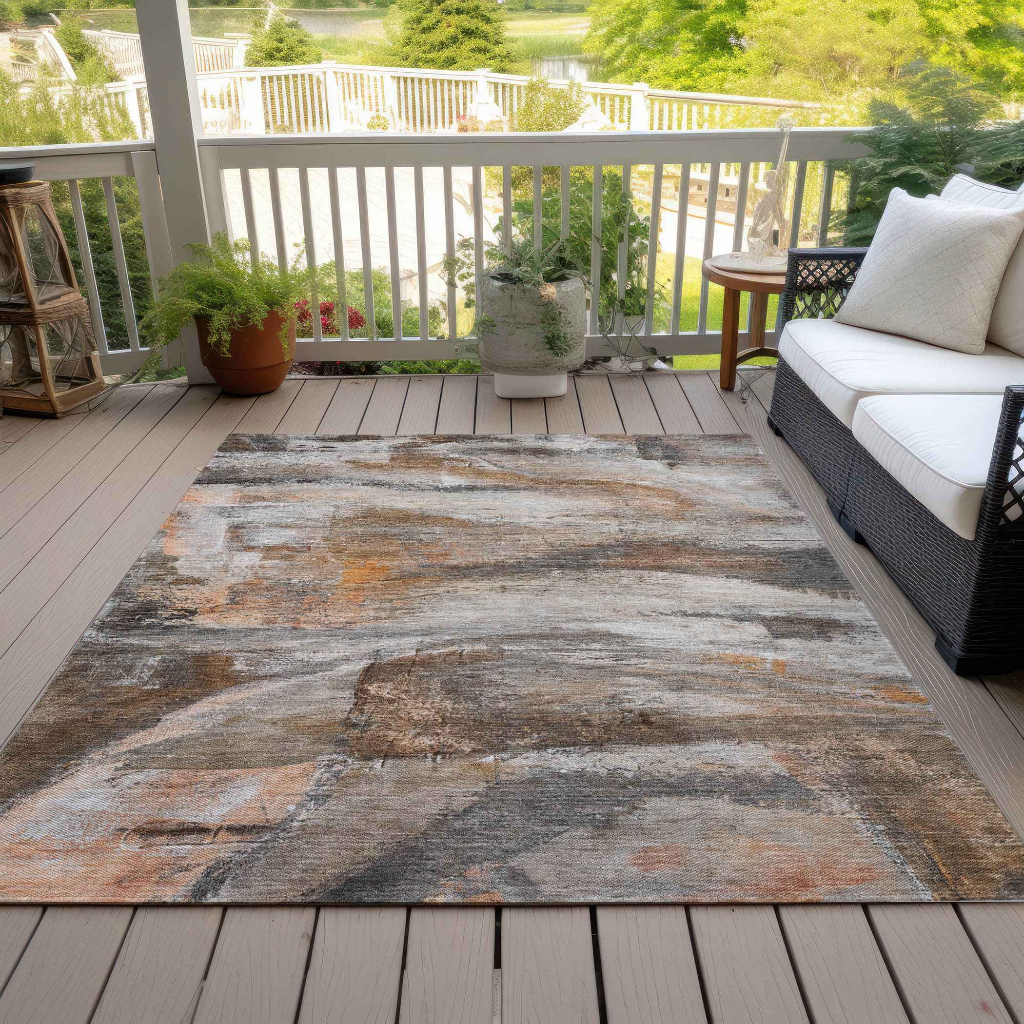 9' X 12' Brown Gray And Copper Abstract Washable Indoor Outdoor Area Rug