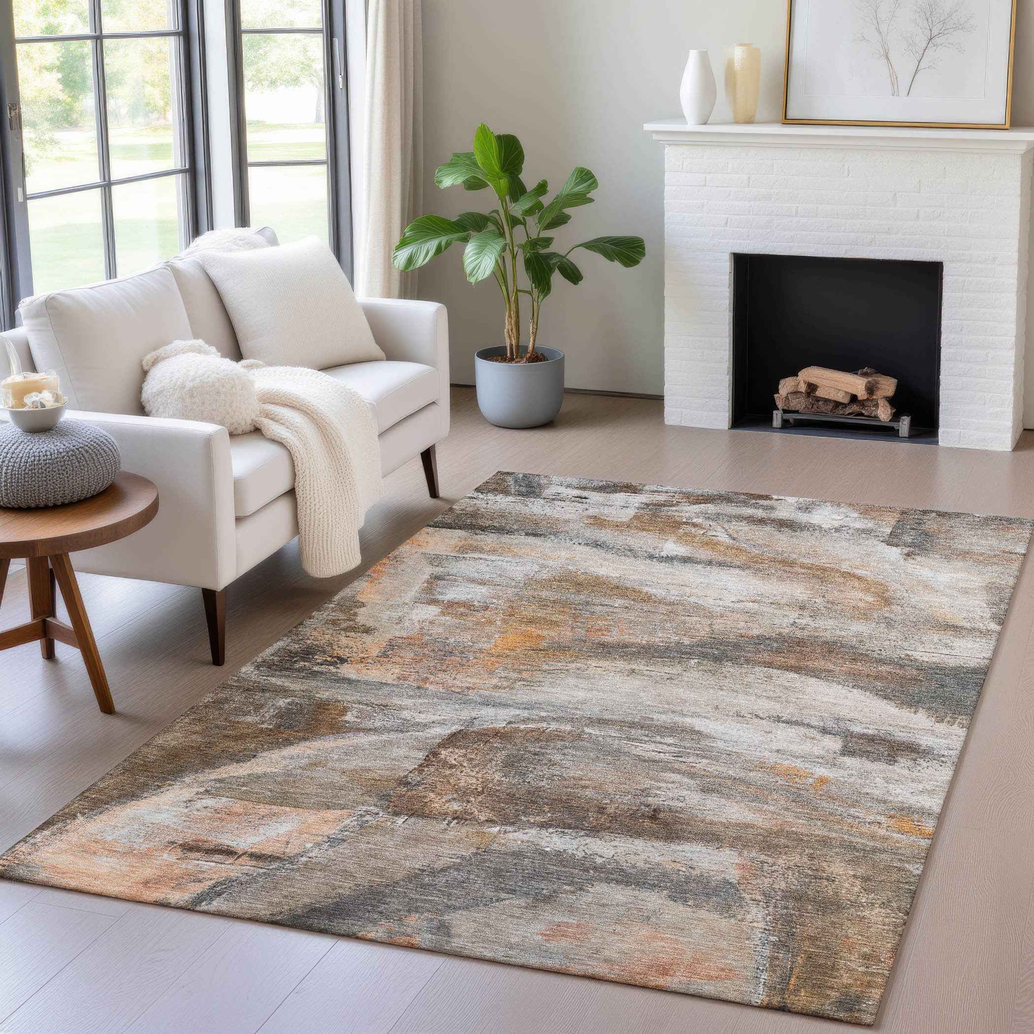 9' X 12' Brown Gray And Copper Abstract Washable Indoor Outdoor Area Rug