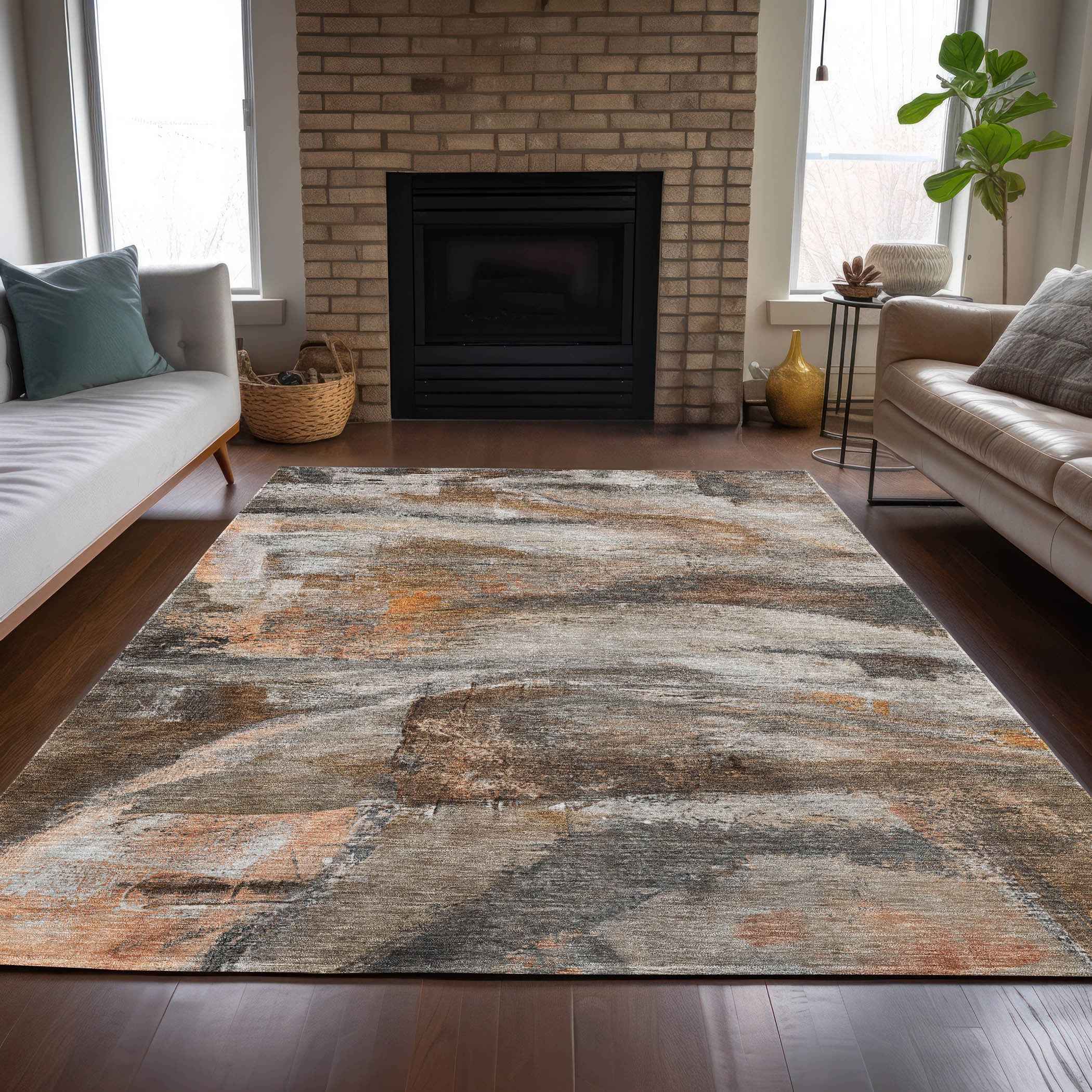 9' X 12' Brown Gray And Copper Abstract Washable Indoor Outdoor Area Rug