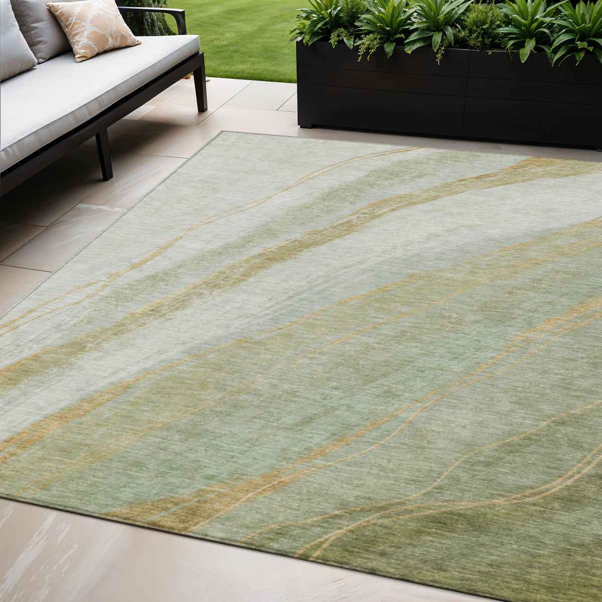 5' X 8' Sage And Copper Abstract Washable Indoor Outdoor Area Rug