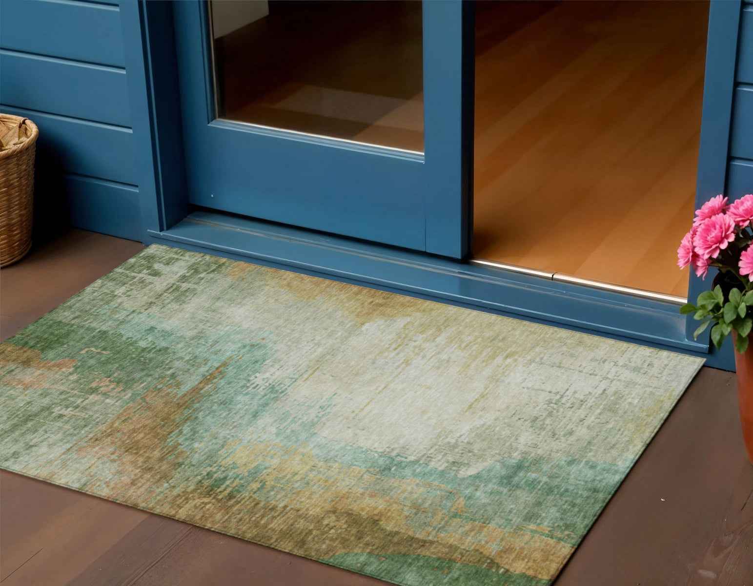 3' X 5' Artichoke Green Brown And Beige Abstract Washable Indoor Outdoor Area Rug